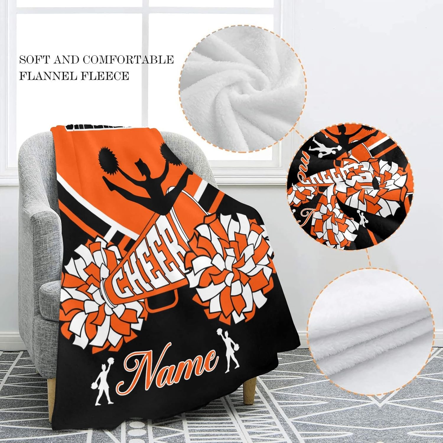 Orange Black Cheer Cheerleader Personalized Team Blanket Custom Fleece Throw Blanket Gift for Sports Cheerleading Coach Team Member 60X80 inch