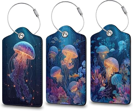 3 Pcs Colorful Jellyfish Luggage Tags for Suitcases, Cute PU Leather Suitcase Tag with Privacy Flap Name ID Label Metal Loop for Baggage Tag for Cruise Airport Travel Essentials