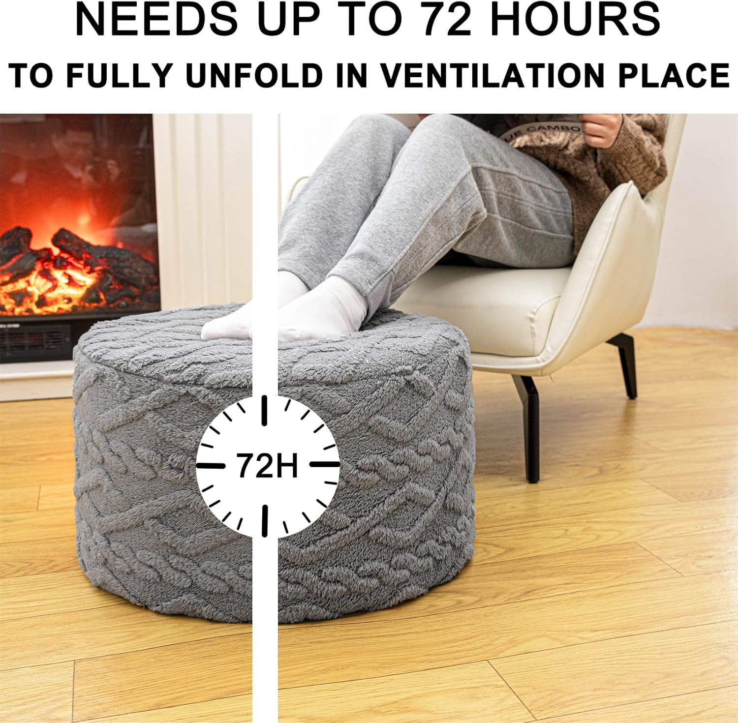 Pouf Ottoman Stuffed 20x20x12 Inches Floor Pouf Plush Fiber Ottoman Foot Rest Under Desk Foot Stool for Living Room Bedroom (Light Gray Pouf with Filler)