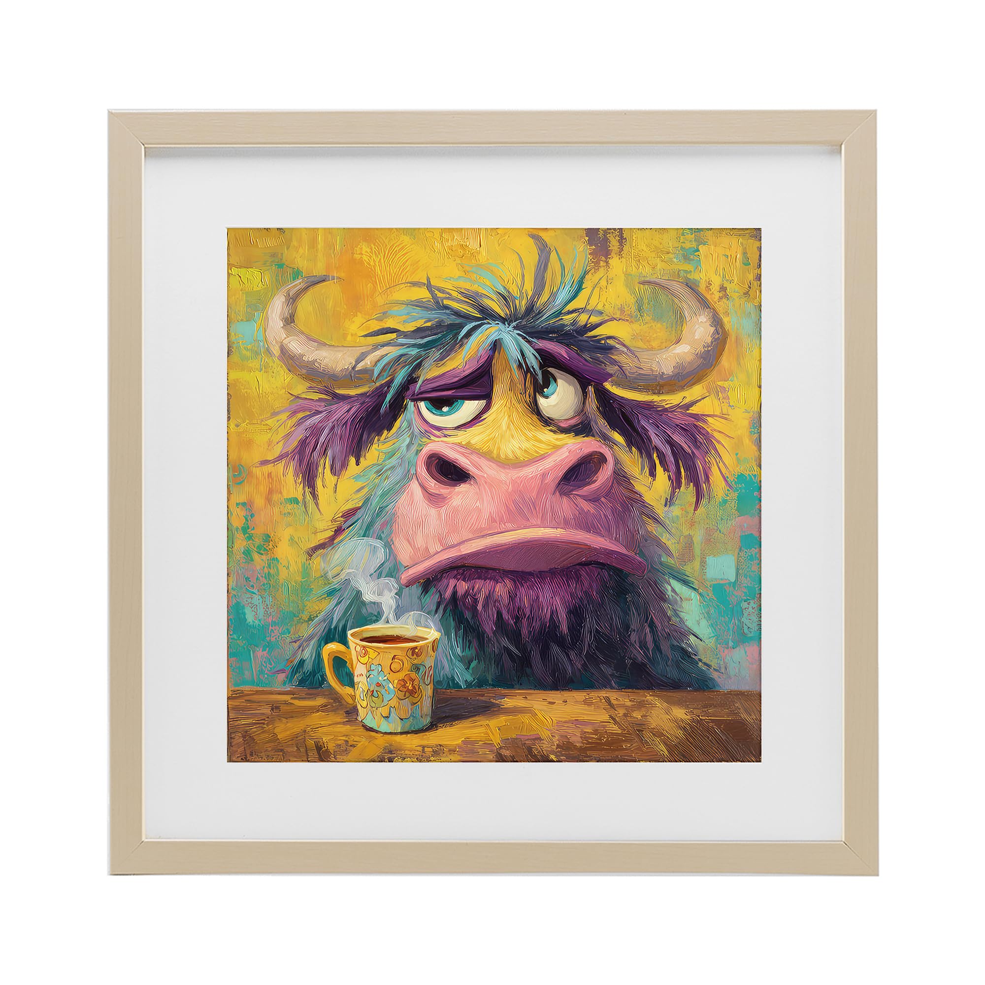 Stupell Industries 'Grumpy Cow & Mug', Framed Print Under Glass, Brown, 13 x 13 Inches, Easy to Hang and Sturdy, Made in USA, by The Wands Want