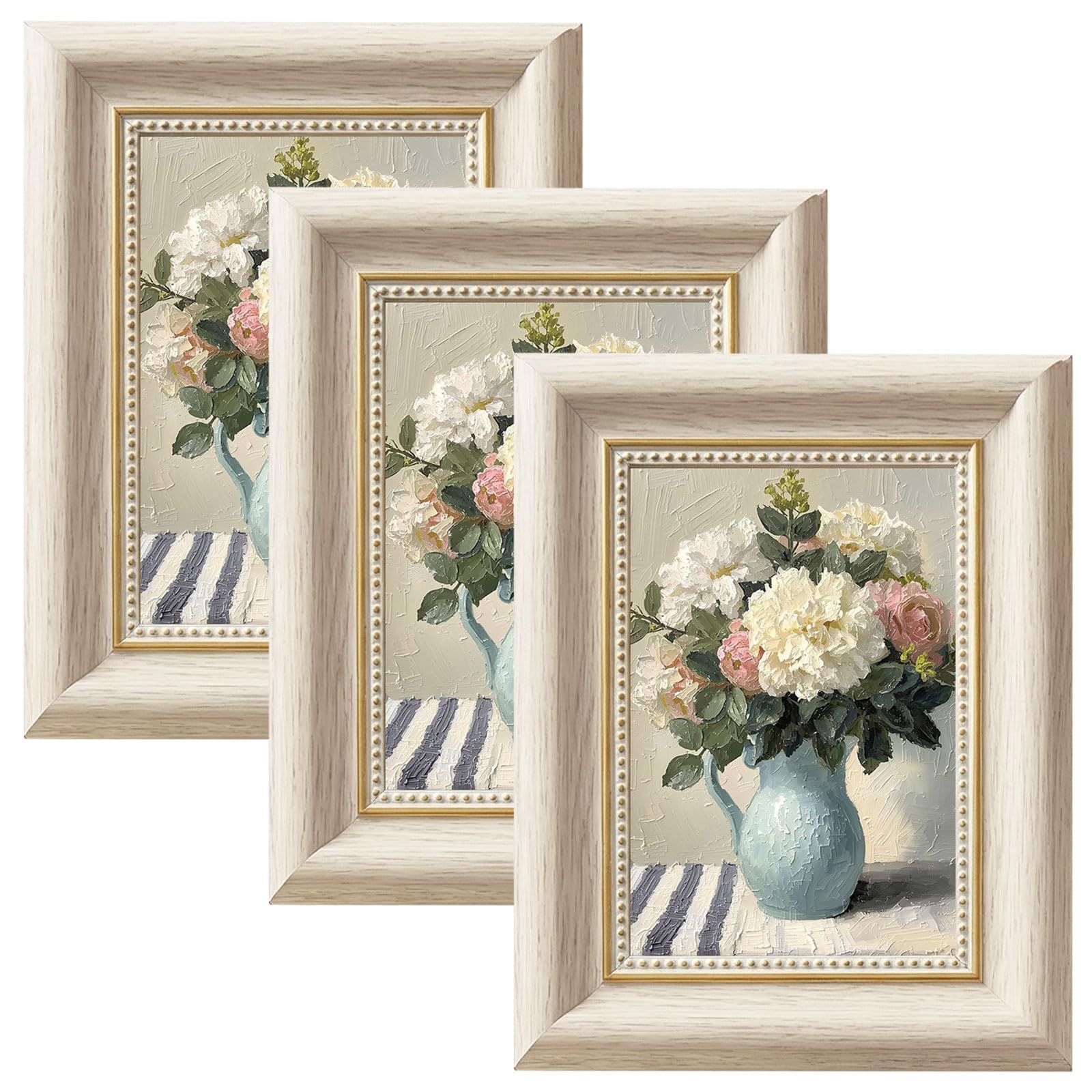 3 PCS Vintage Photo Frames Set, 6x4 Square Picture Frames with Plexiglass for Wall and Tabletop Display, Retro Rustic Photo Frame for Home Office Living Room Decor (White Wood Grain)