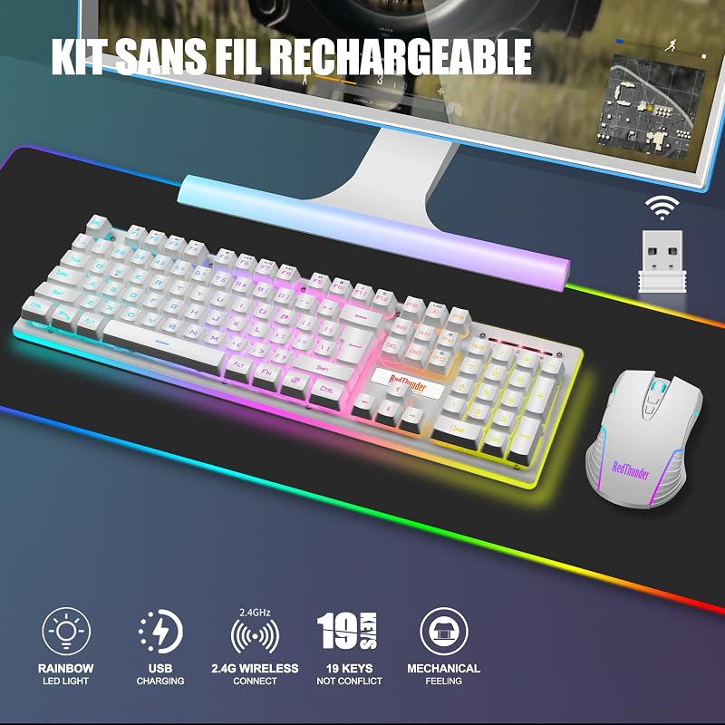 RedThunder K10 Vezeték Nélküli Gamer Billentyűzet és Egér Szett - Háttérvilágítás, AZERTY, Újratölthető, 3200DPI, PC/PS5/Xbox Kompatibilis,