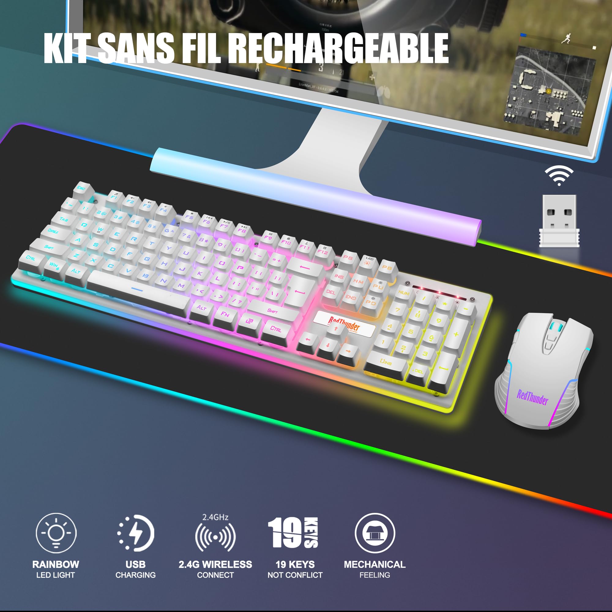 RedThunder K10 Teclado Gaming Sensación Mecánico Inalámbrico,Retroiluminación RGB,Batería Recargable de 3800 mAh, Anti-ghosting+Ratón 7D 3200DPI,AZERTY FR,para PC/PS5/Xbox-Blanco