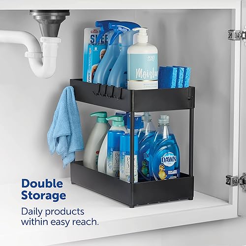 Miniatura 2 de Organizador y almacenamiento debajo del fregadero de 2 niveles que ahorra espacio con 6 ganchos fuertes fácil de montar organizador debajo del