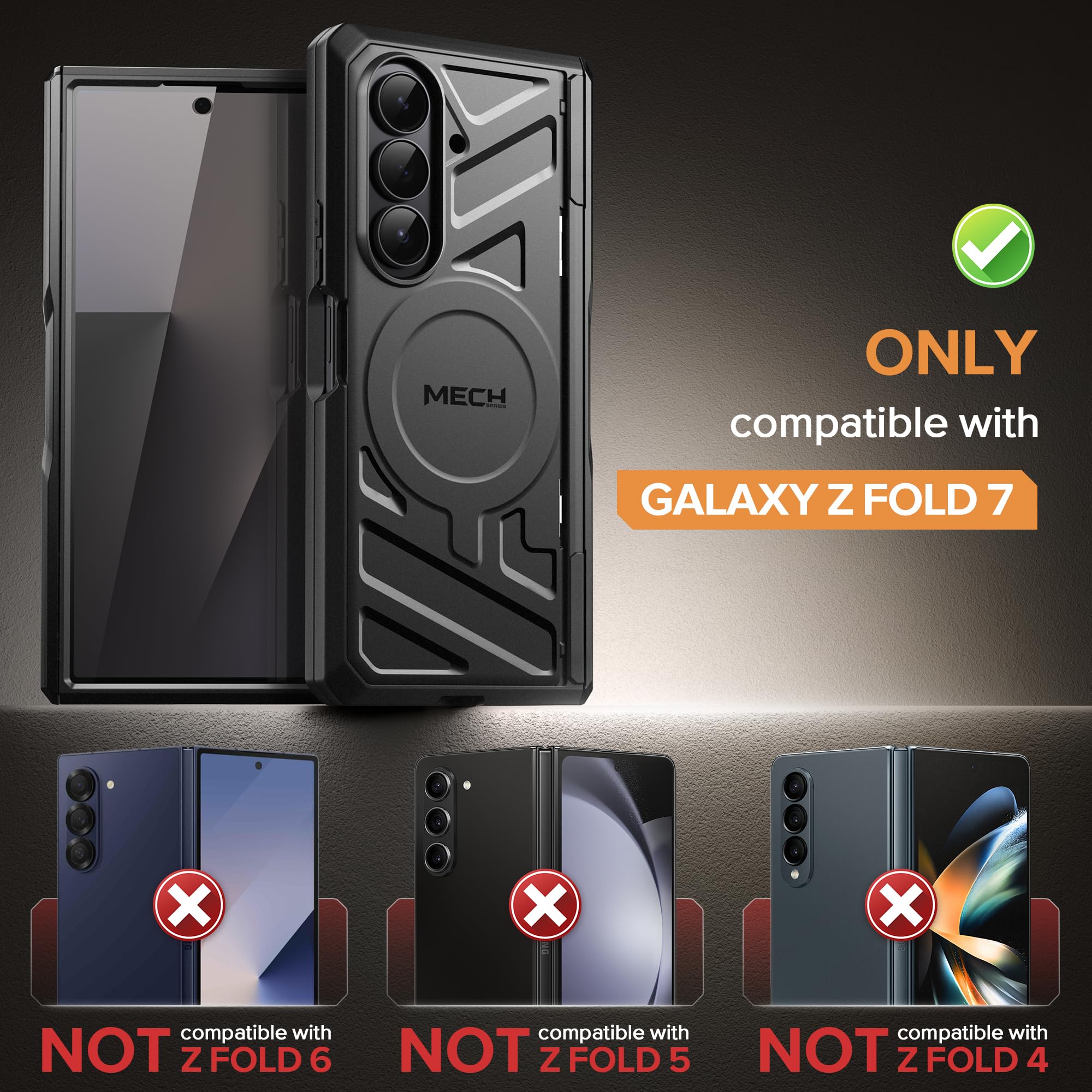 Tongate für Galaxy Z Fold 7 Hülle mit Privatsphäre Bildschirmschutz, [kompatibel mit MagSafe][Anti-Spionage] Stoßfeste Handyhülle, Integrierter Ständer & Scharnierschutz für Samsung Z Fold 7, Schwarz | Kompatibel mit MagSafe, stoßfeste Handyhülle, integri