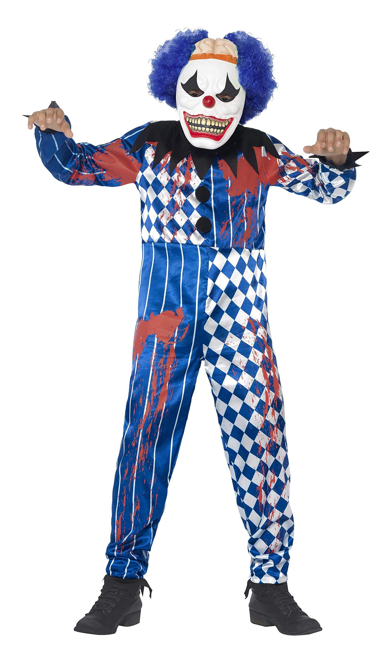 Smiffys Children's Deluxe Sinister Clown Costume, Jumpsuit, Mask, Attached Brain & Hair, Size: M, Colour: Blue, 44327