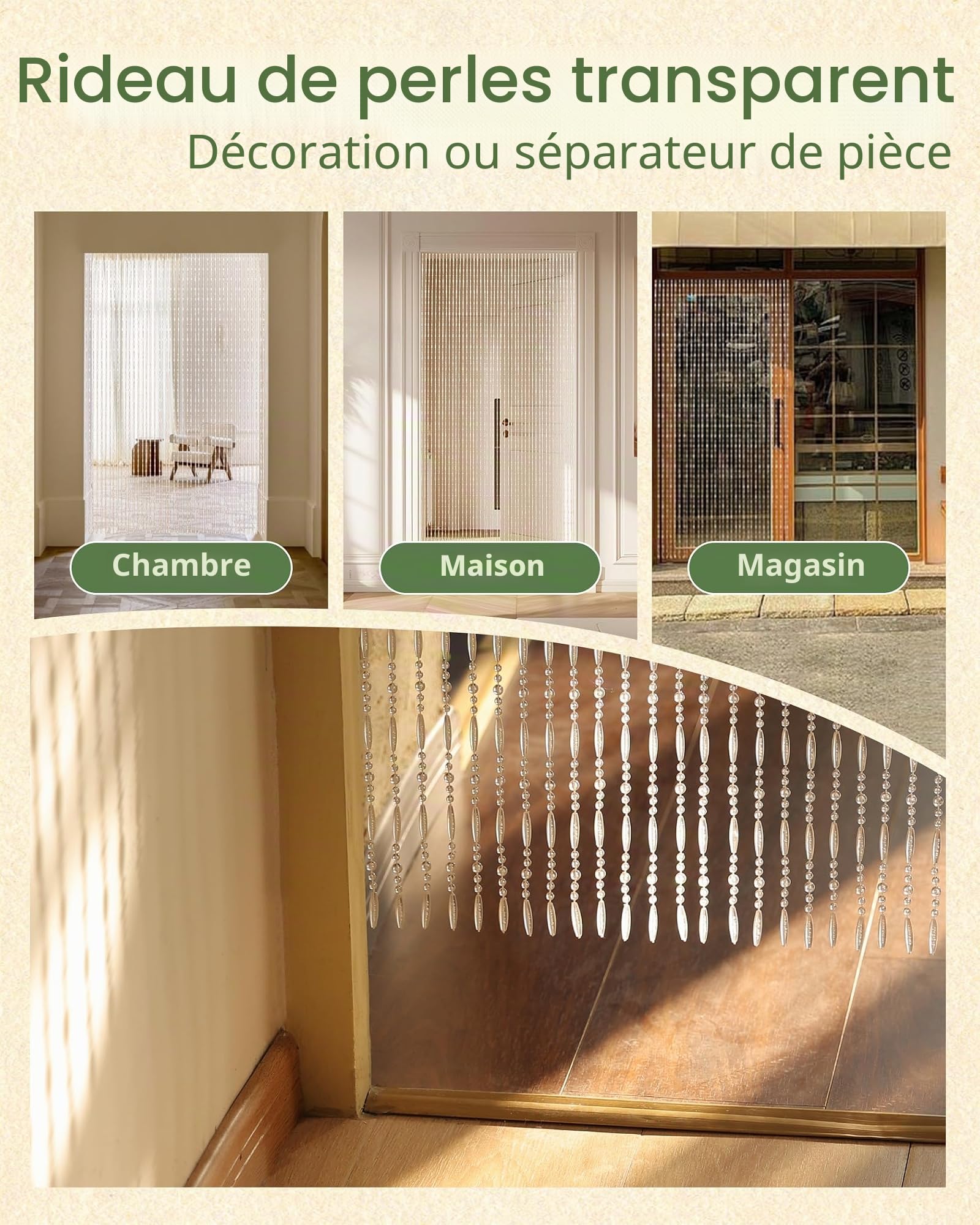 Rideau de Perles Transparent Porte de Balcon, 100x230cm, 75 Brins, Rideau de Perles en Plastique comme Moustiquaire et Décoration pour Porte de Balcon, Chambre