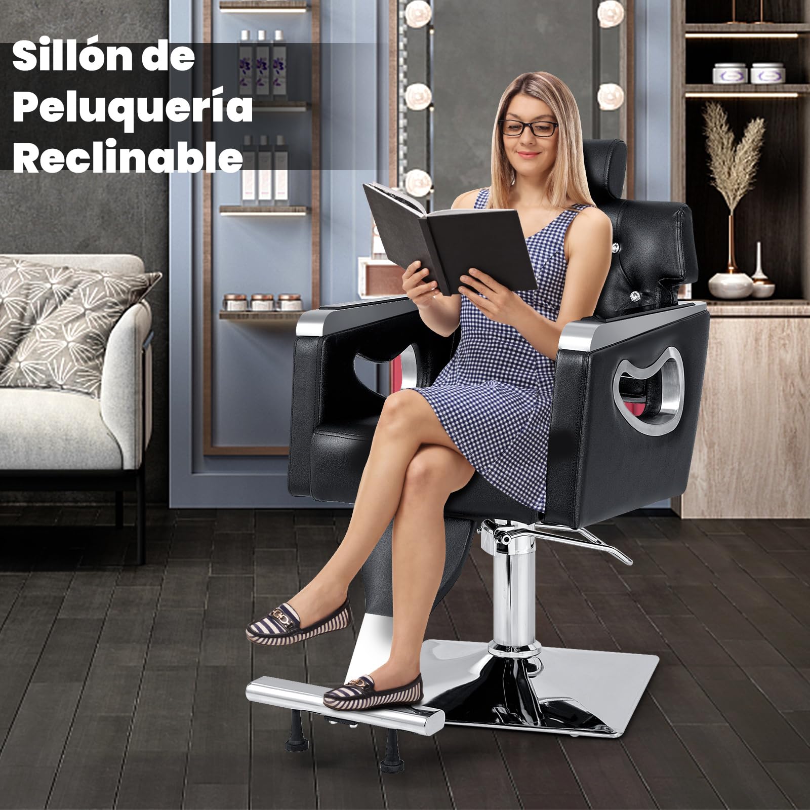 RELAX4LIFE Silla Peluquería Giratoria 360° con Respaldo Inclinable y Reposacabezas Ajustable en 6 Niveles, Sillón Barbero Hidráulico para Salón de SPA y Belleza, Barbería, Carga 150 kg