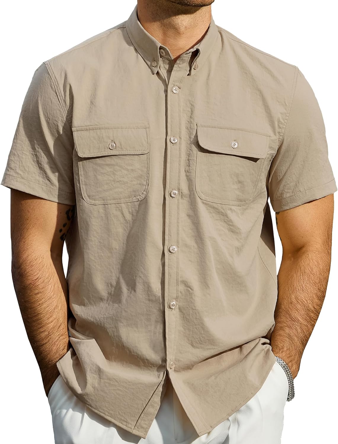 JOGAL Mens Button Down Short Sleeve Shirt Regular Fit Button Up Work Shirts with Two Pockets