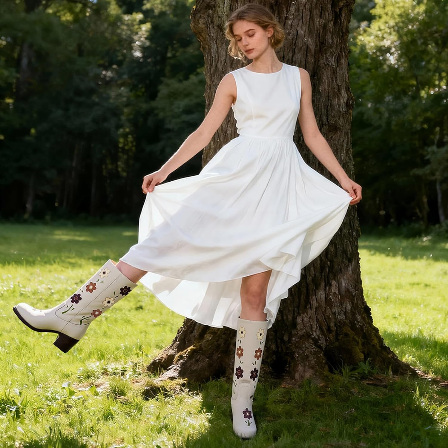 Women's Knee High Boots Square Toe Chunky Block Heel Tall Boots for Women Comfortable Casual Low Heel Trendy Stylish Flower Booties