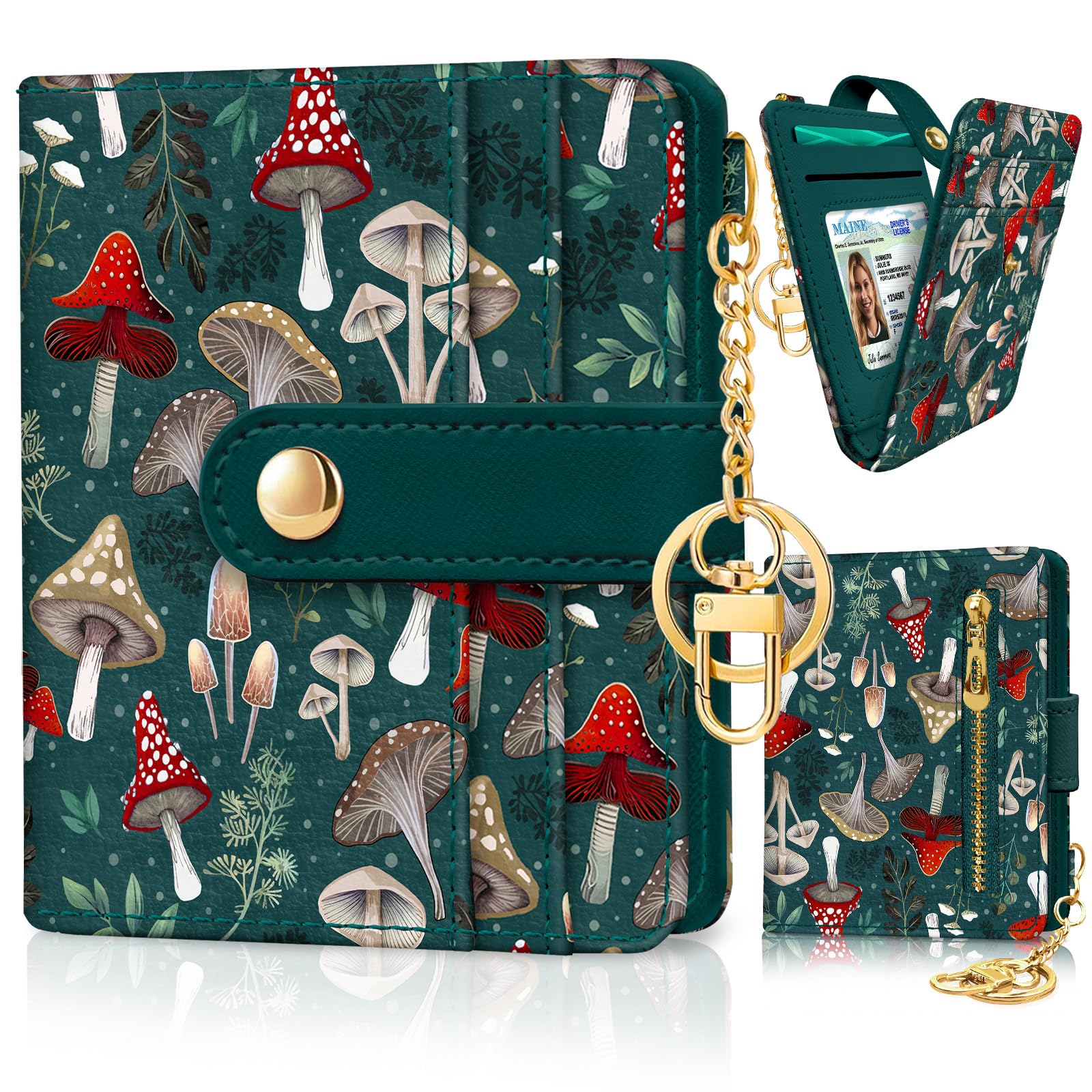 Jogjam Rfid Ladies Wallet, Small Slim Thin Compact Credit Card Women Wallet, PU Leather Bifold Cash Zipper Coin Pocket ID Window for Female: Mushroom Green