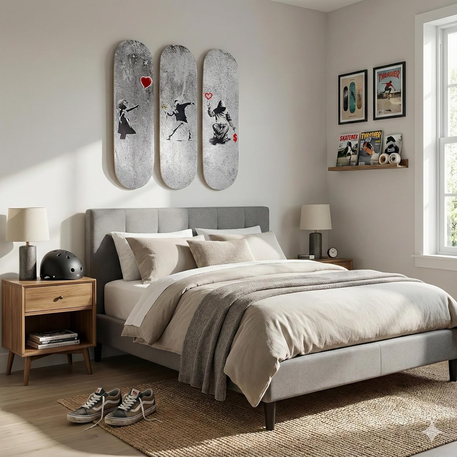 Skateboard Canvas Wall Art - Banksy 3 Piece Set on 7 Ply Skateboard Decks - Red Balloon Girl, Flower Thrower, and Love or Money Home Decor - Graffiti Canvas Wall Art for Home, Bathroom, Living Room or