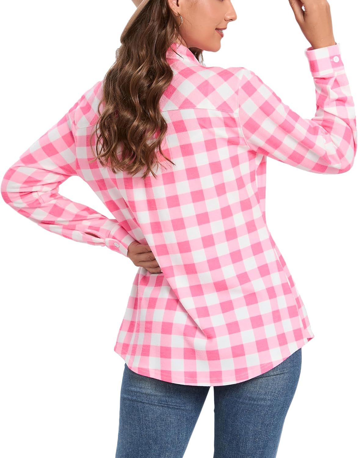 Oyamiki Womens Casual Cuffed Long Sleeve Boyfriend Button Down Plaid Flannel Shirt Tops - Image 3