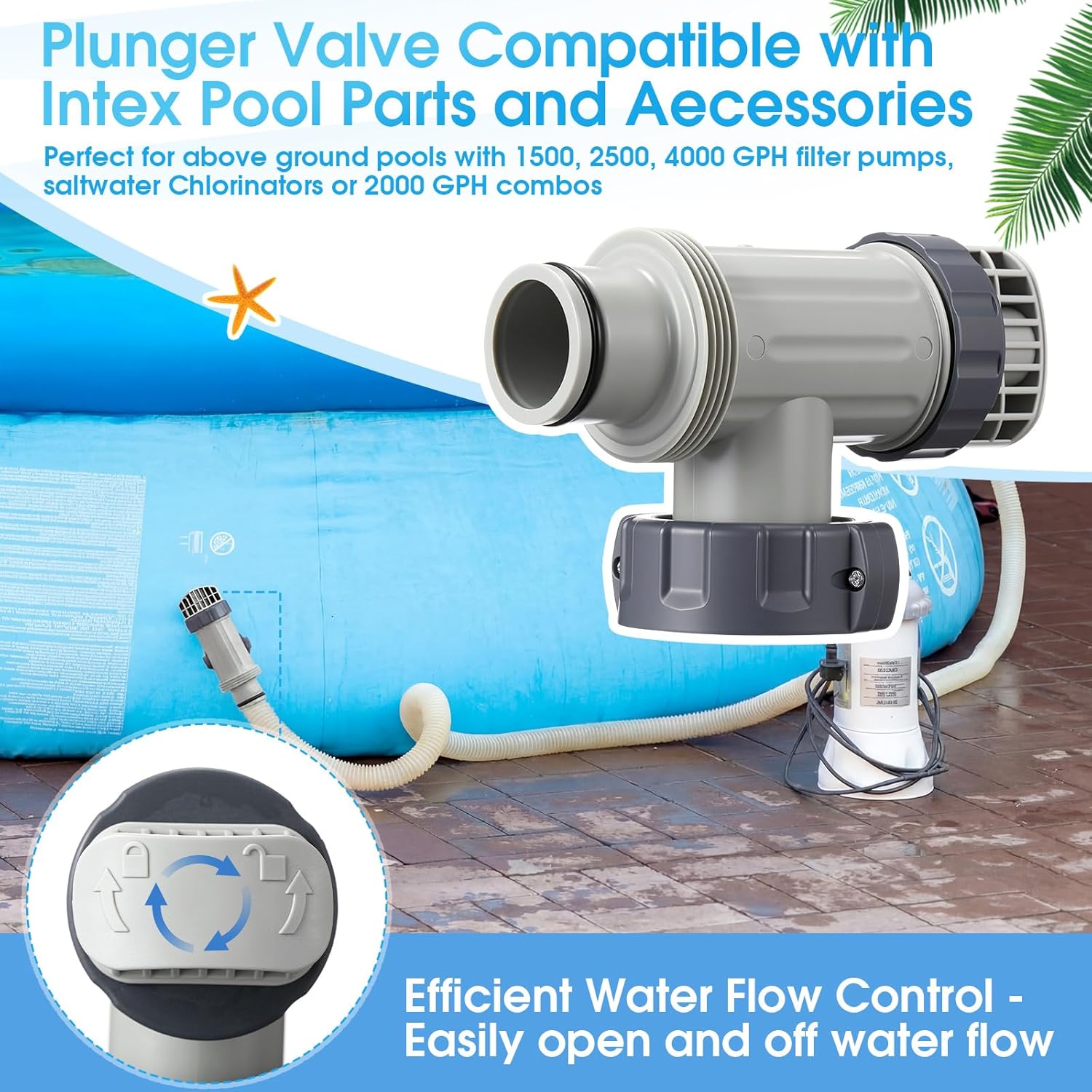 Gerrii 2 Pack Above Ground Pool Plunger Valve and Type B Hose Adapters Kit - Compatible with Intex Pool Replacement Parts, 1.25" to 1.5" Hose Adapter Shut Off Valve for Filter Pump Accessories