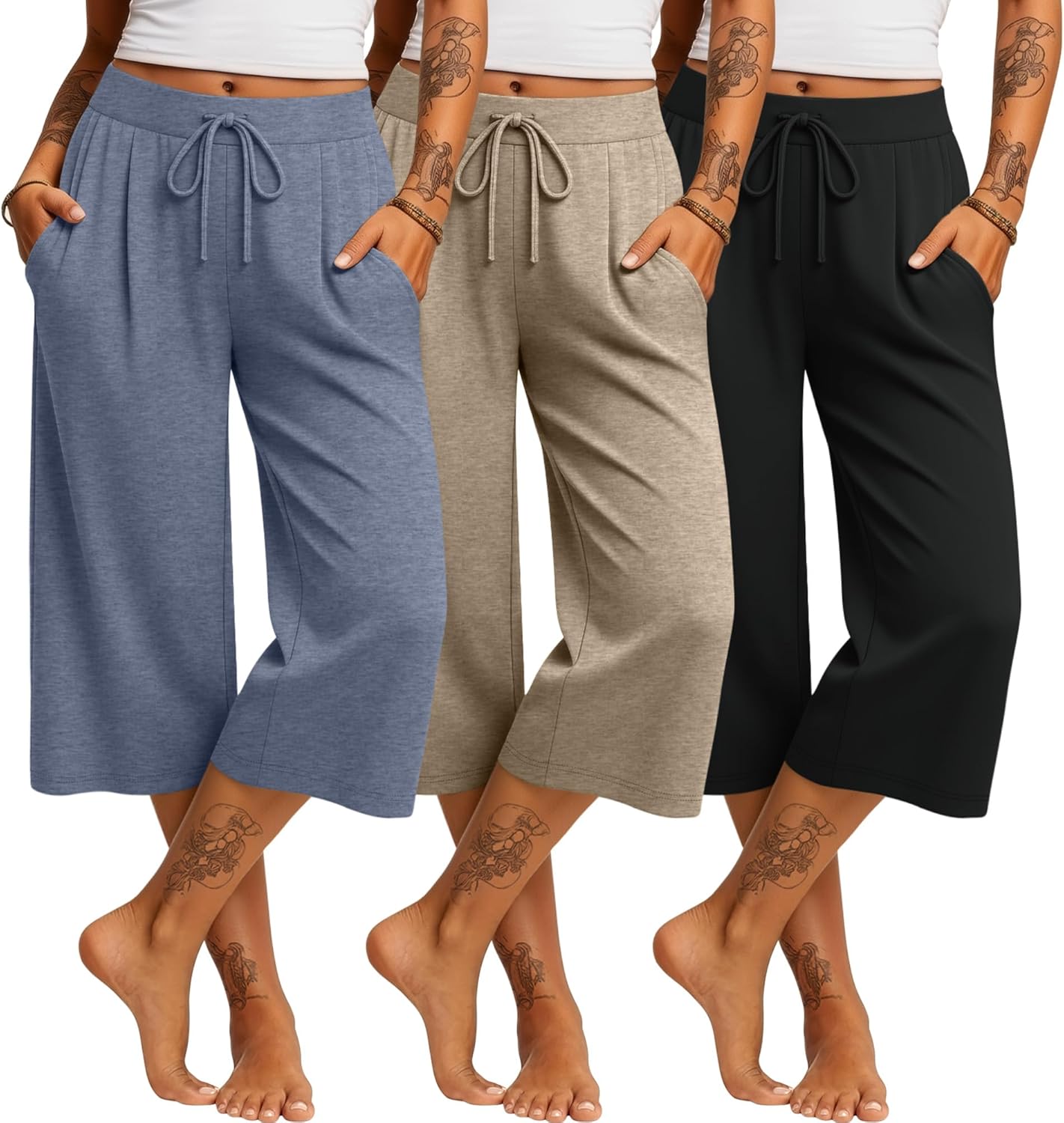 Locoowai 3 Pack Women's Capri Pants Casual Wide Leg Yoga Pants High Waist Drawstring Cropped Lounge Sweatpants with Pockets