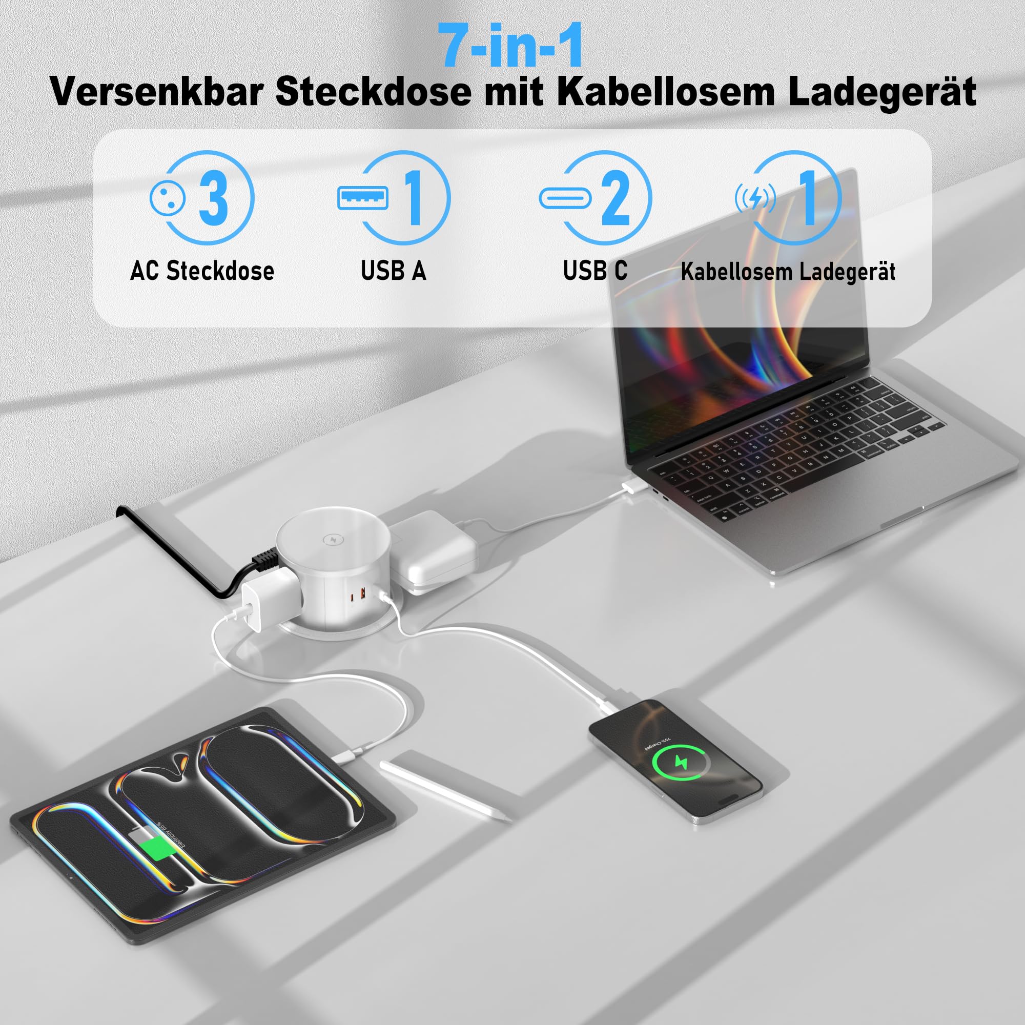 Jgstkcity Versenkbare Tischsteckdose 3-Fach mit 65W USB‑C PD, Weiß | Einbau Steckdose mit 3 USB-Ports & 15W kabellosem Laden, Ø120mm Einbauausschnitt für Arbeitsplatte, Küche & Büro