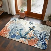 Absorbent Door Mat,Coastal Ocean Blue Anchor Faux Linen Doormat,Washable Non-Slip Entrance Rug Summer Marine Coral Starfish Welcome Front Mat for Indoor Outdoor Entryway Kitchen,31"x47"
