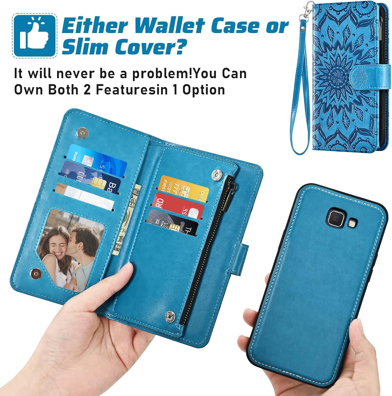 Phone Case for Samsung Galaxy J7 Prime 2017 J 7 Skypro Sky Pro J7V V S727VL Zipper Wallet Magnetic Detachable Cell Cover with Screen Protector Strap Flip Card Holder Slot Halo 7J Perx J7prime Blue
