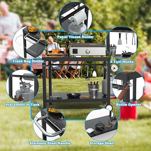 Miniatura 3 de LS'BABQ Carrito de mesa para parrilla al aire libre, soporte para horno de pizza, mesa de preparación de barbacoa con ruedas y ganchos, soporte de