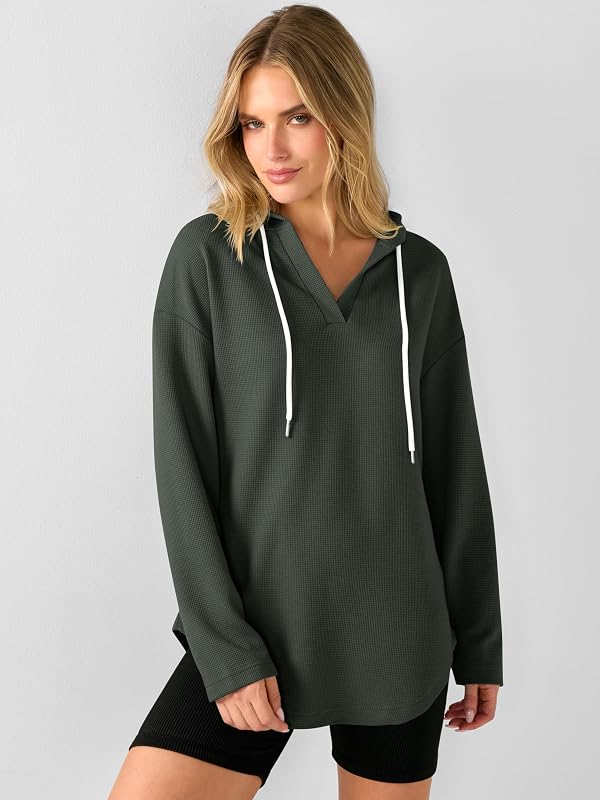 ANRABESS Hoodies for Women Waffle Knit Oversized Sweatshirt,Army Green,X-Large image 6