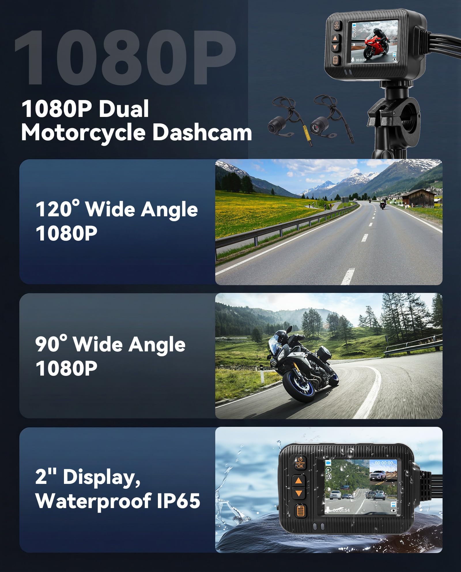 SIXWIN 1080P Dashcam para Moto Delantera y Trasera – Cámara Doble IP67 Impermeable, 2" HD con G-Sensor, Grabación en Bucle y Gran Angular – para Motocicletas, Motorsport, UTV y ATV