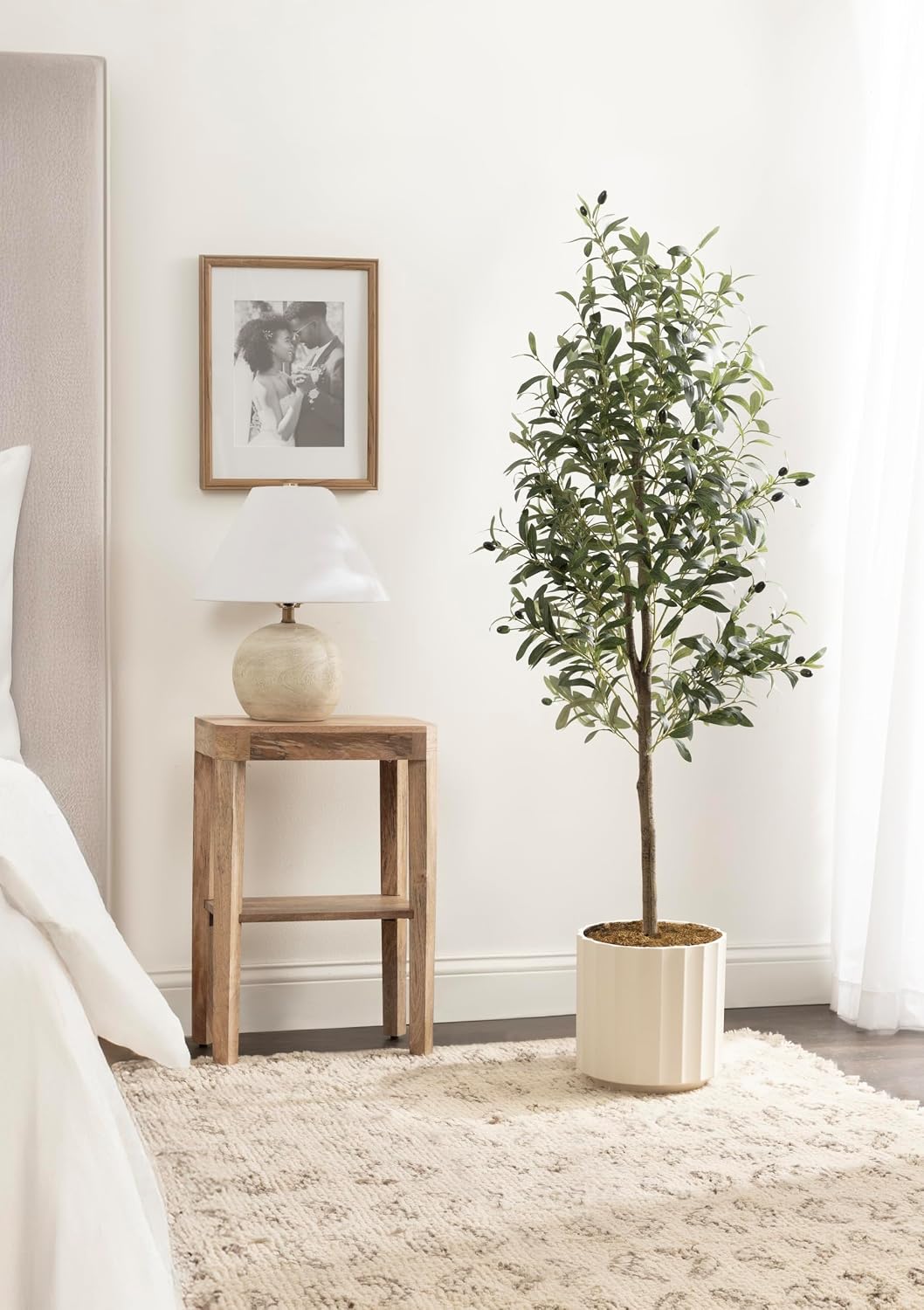 Kate and Laurel Oliveira Faux Olive Tree with Jibbs Scalloped Planter Pot, 5 FT, White, Potted Artificial Olive Plant Tree with Realistic Foliage and Added Moss, Fake Plant for Living Room Decor
