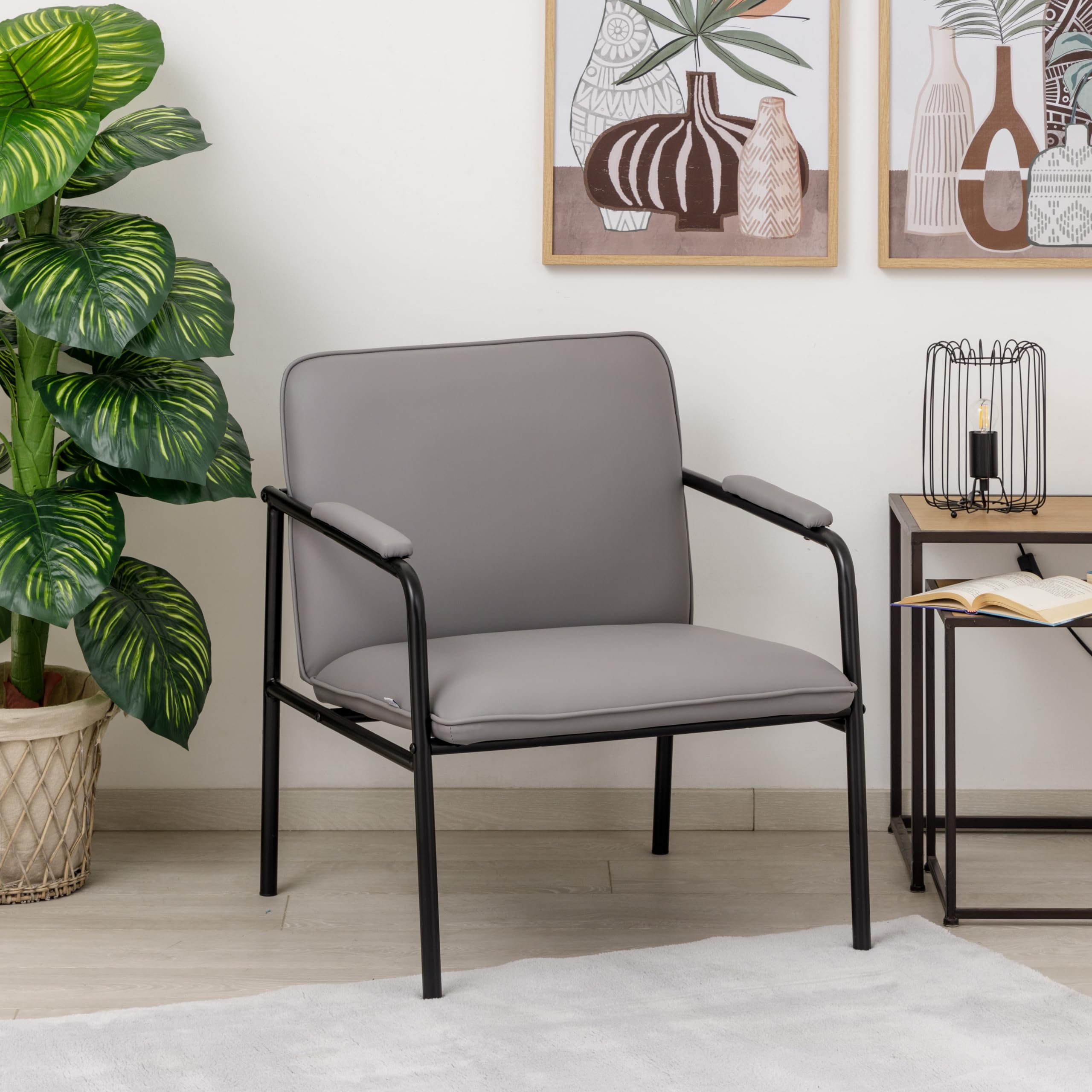 Baroni Home Sillón de Piel Sintética con Estructura de Hierro Diseño Vintage, Asiento Relax para Salón, Dormitorio, Oficina, 78x59x64 cm (Gris)