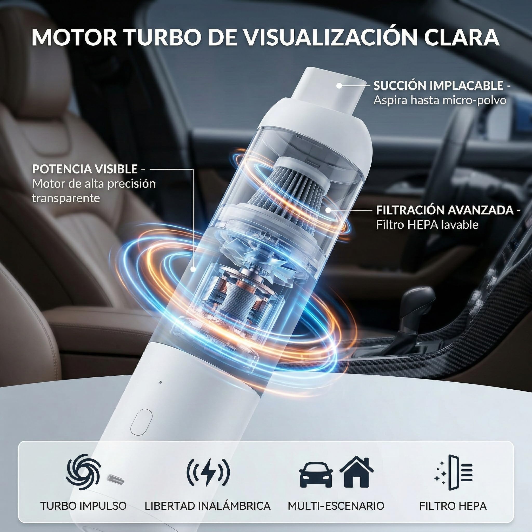 Genérico Aspiradora Sin Cable Coche 15000Pa, Aspirador 2 en 1 con Soplador para Coche y Hogar, Mini Aspiradora de Mano Potente con 2 Baterías Recargables y Kit Accesorios