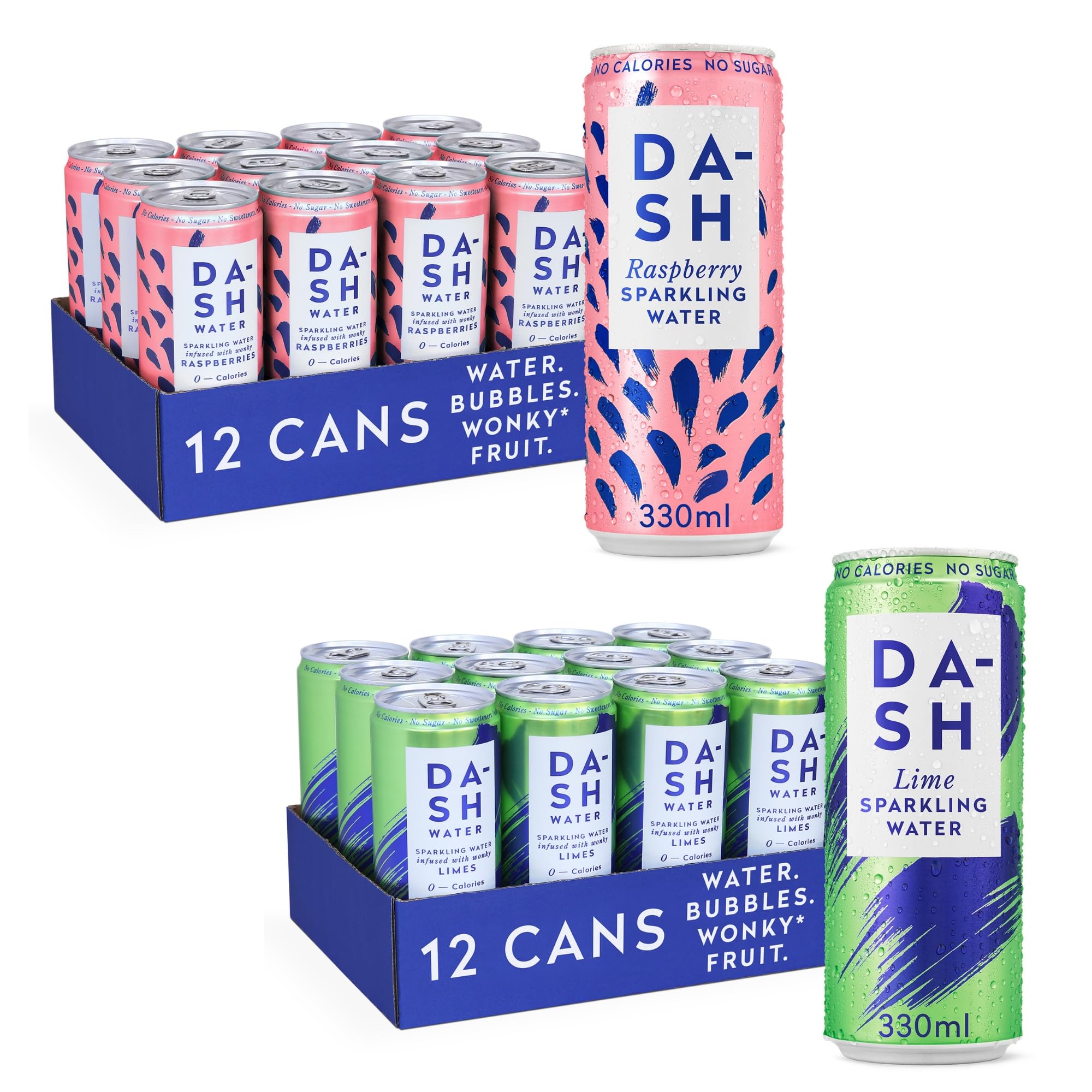 Dash Water - Pack of 24-12x Lime, 12x Raspberry - NO Sugar, NO Sweetener, NO Calories - Infused with Wonky Fruit (330ml per Can)