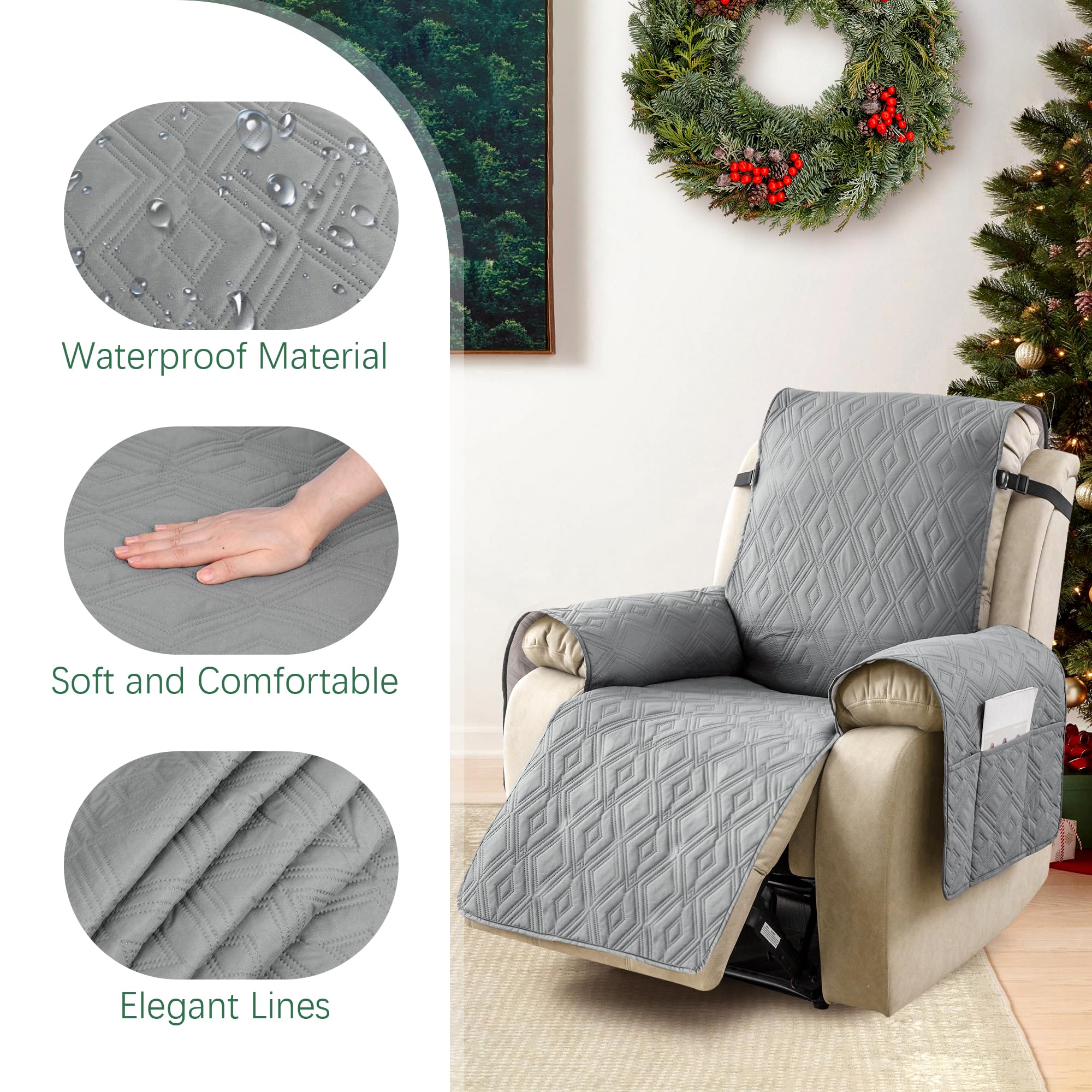 Grey Waterproof Armchair Cover for Electric Recliner Non Slip Chair Protector for Kids and Pets (28IN Width) - Image 2