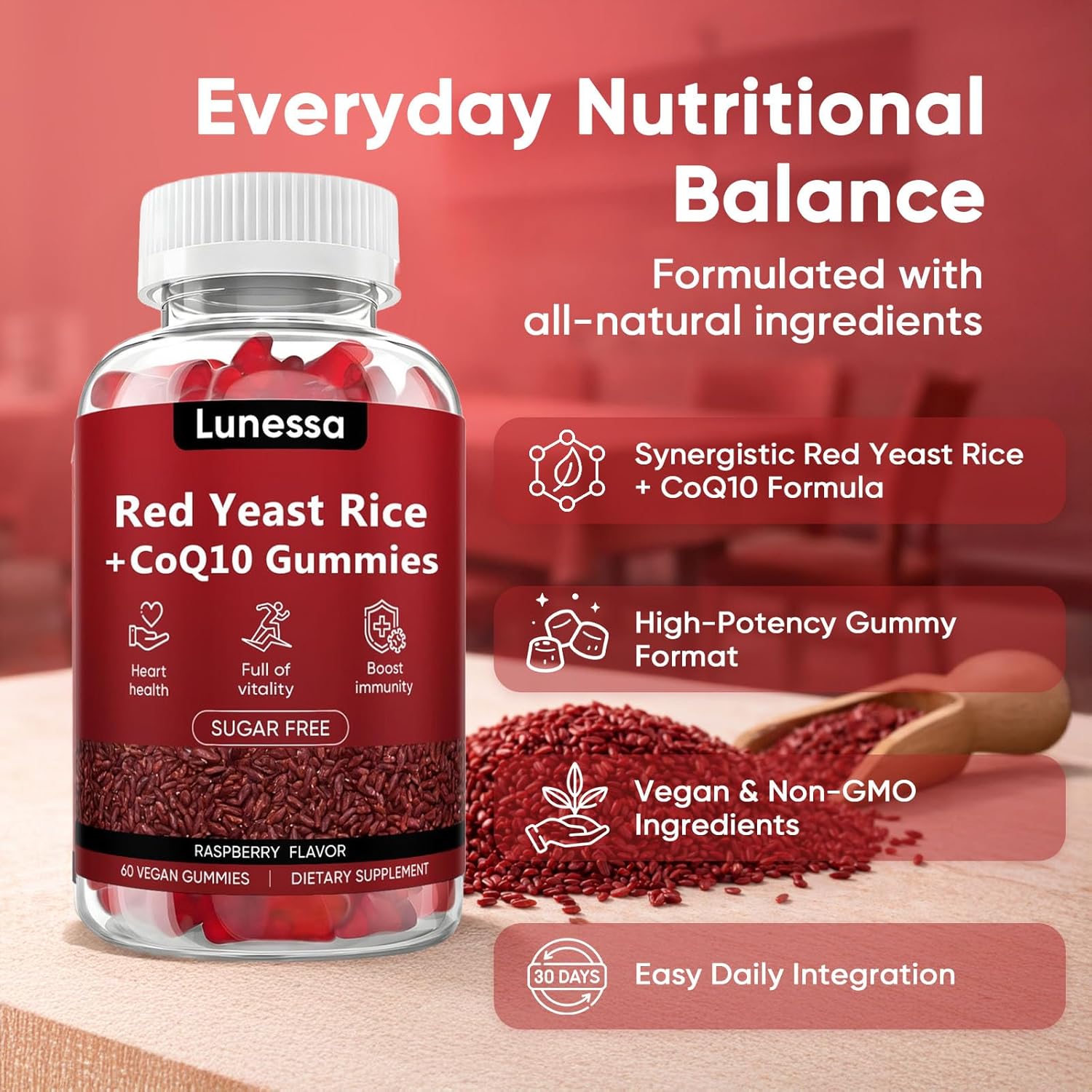 Lunessa Red Yeast Rice and CoQ10, Supports Heart & Daily Wellness with Red Yeast Rice 2400mg, CoQ10 200mg for Healthy Cholesterol, Non-GMO, Vegan, Raspberry Flavor, 60 Gummies Supplement (2)