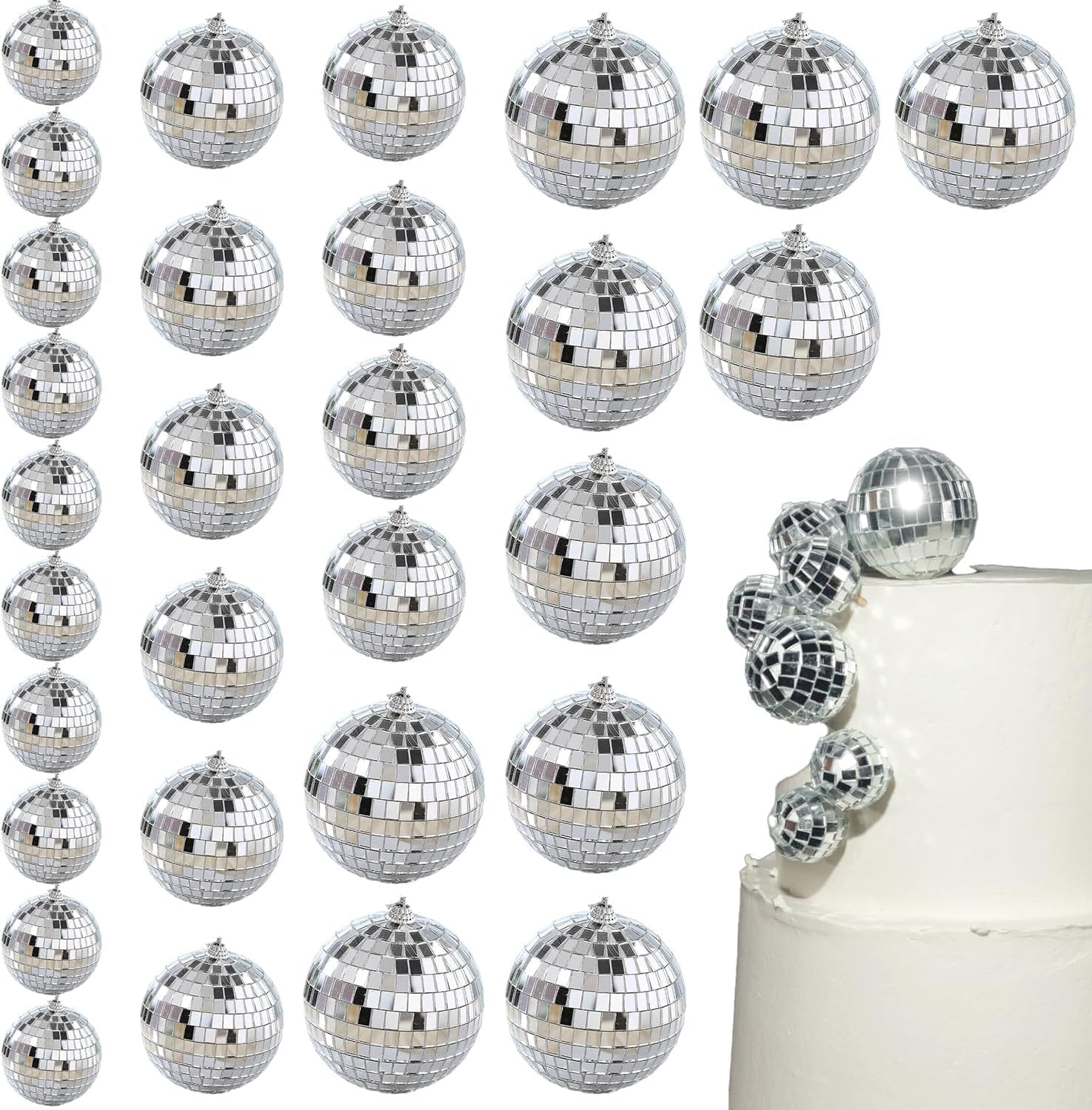 30-Piece Silver Mirror Disco Ball Set with Hanging Strings for Retro Party Decor, Christmas, Weddings, and Events