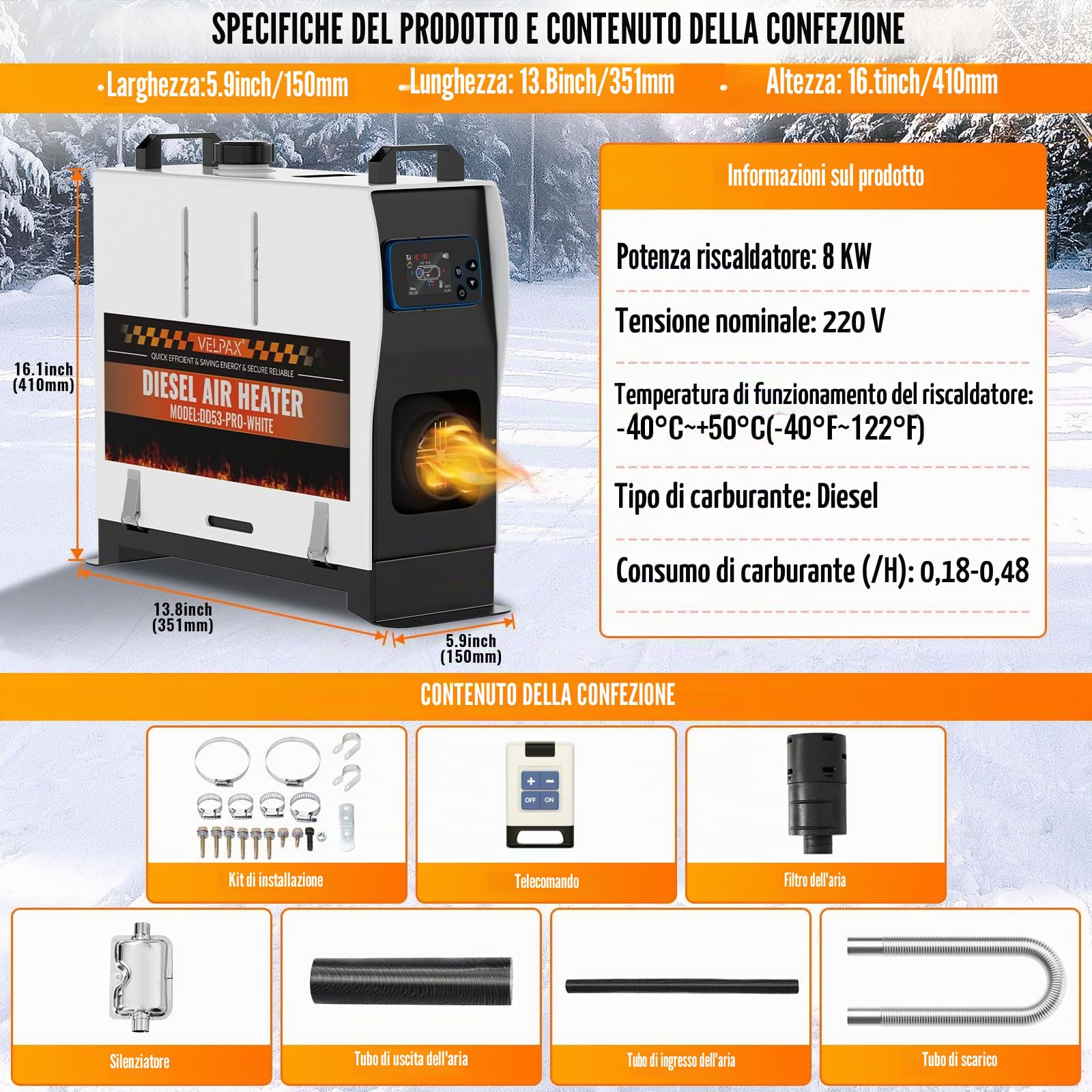 12V 24V 220V 8KW Riscaldatore Diesel da Parcheggio,all-in-One,Bluetooth APP Riscaldamento rapido LCD e Telecomando per Camper,Macchine,Camion,Autobus