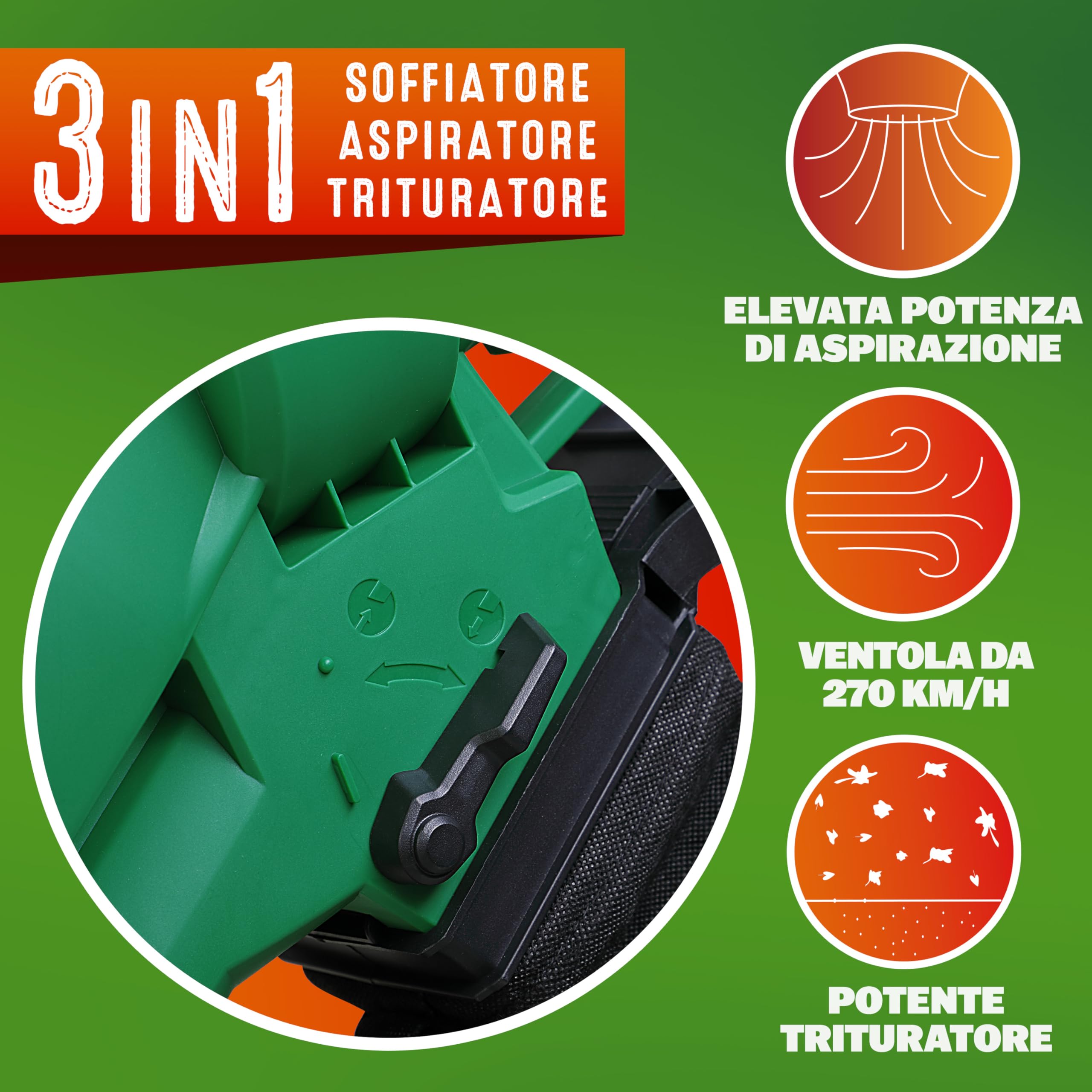 GARDEBRUK® Soffiatore Foglie Aspiratore Trituratore Elettrico 3in1 3000W Tracolla Ruote Sacca 45L Soffia Foglie Giardino Aspirafoglie Aspira Fogliame