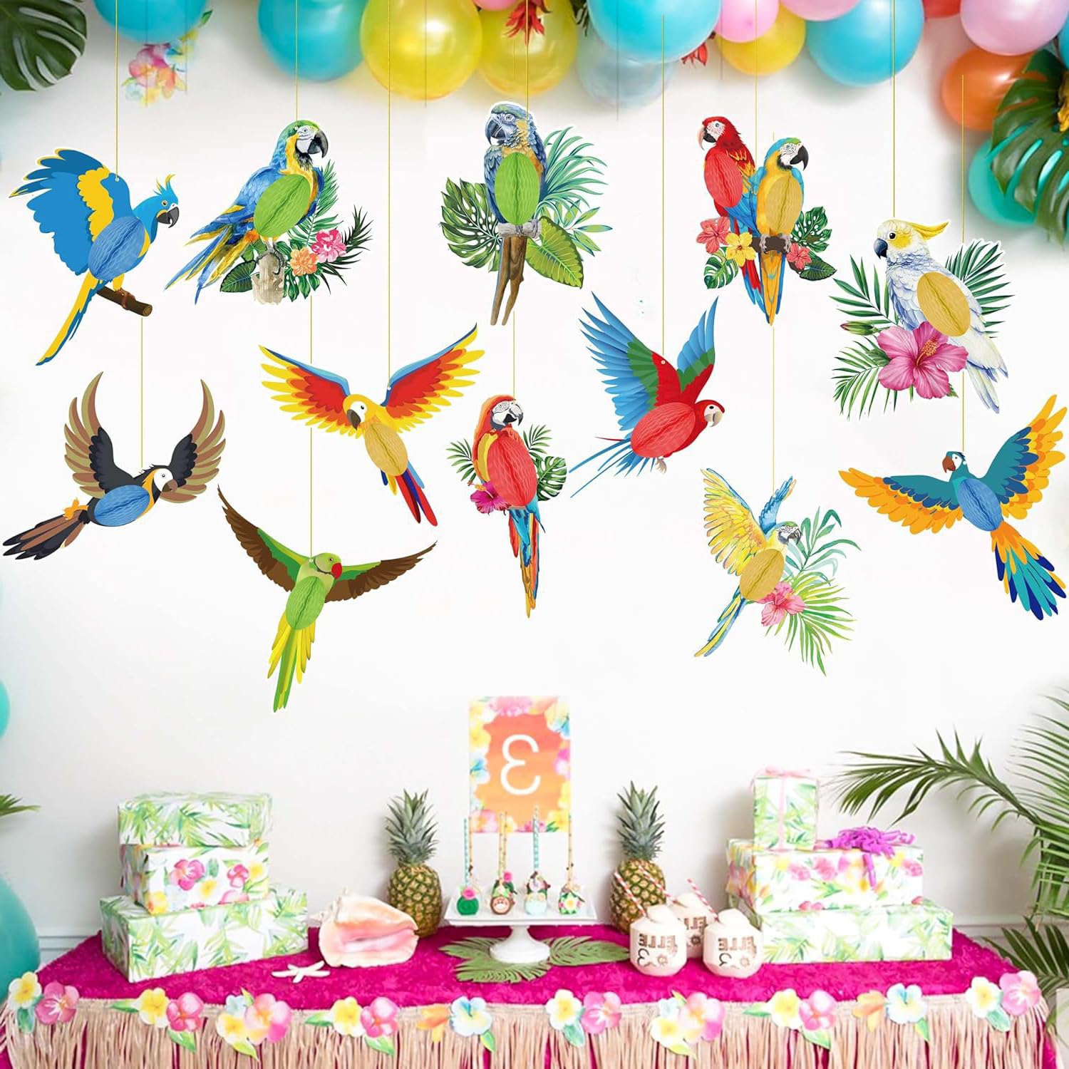 WUBAYI Paquete de 9 recortes de panal de abeja tropical 3D, accesorios colgantes de fiesta hawaiana para decoración de playa Luau, aula de safari y temática de selva