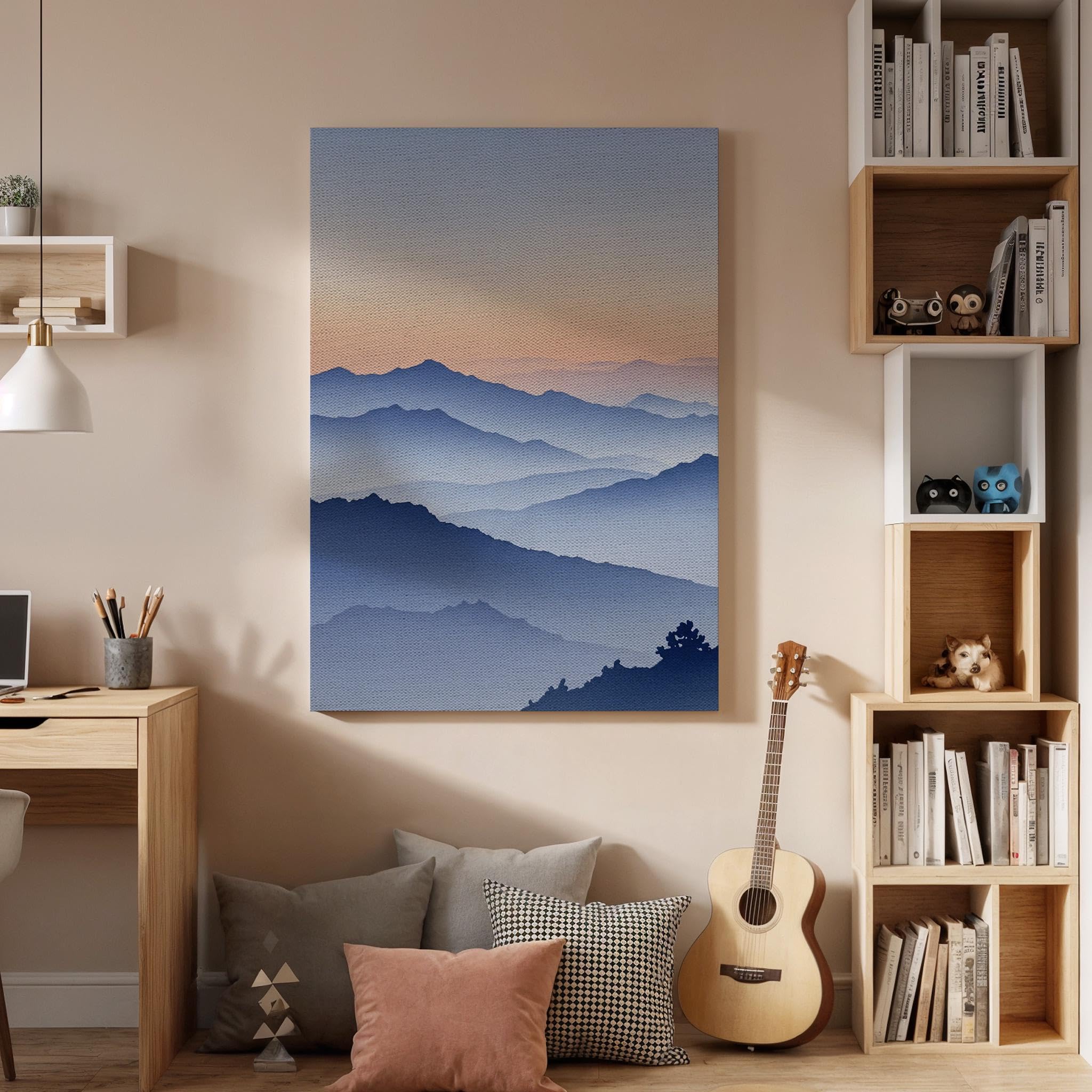 lianyibo Sztuka ścienna na płótnie z motywem górskiego zachodu słońca, mglisty nadruk krajobrazu, spokojna natura dekoracja do sypialni, salonu (70 x 100 cm/rama wewnętrzna)