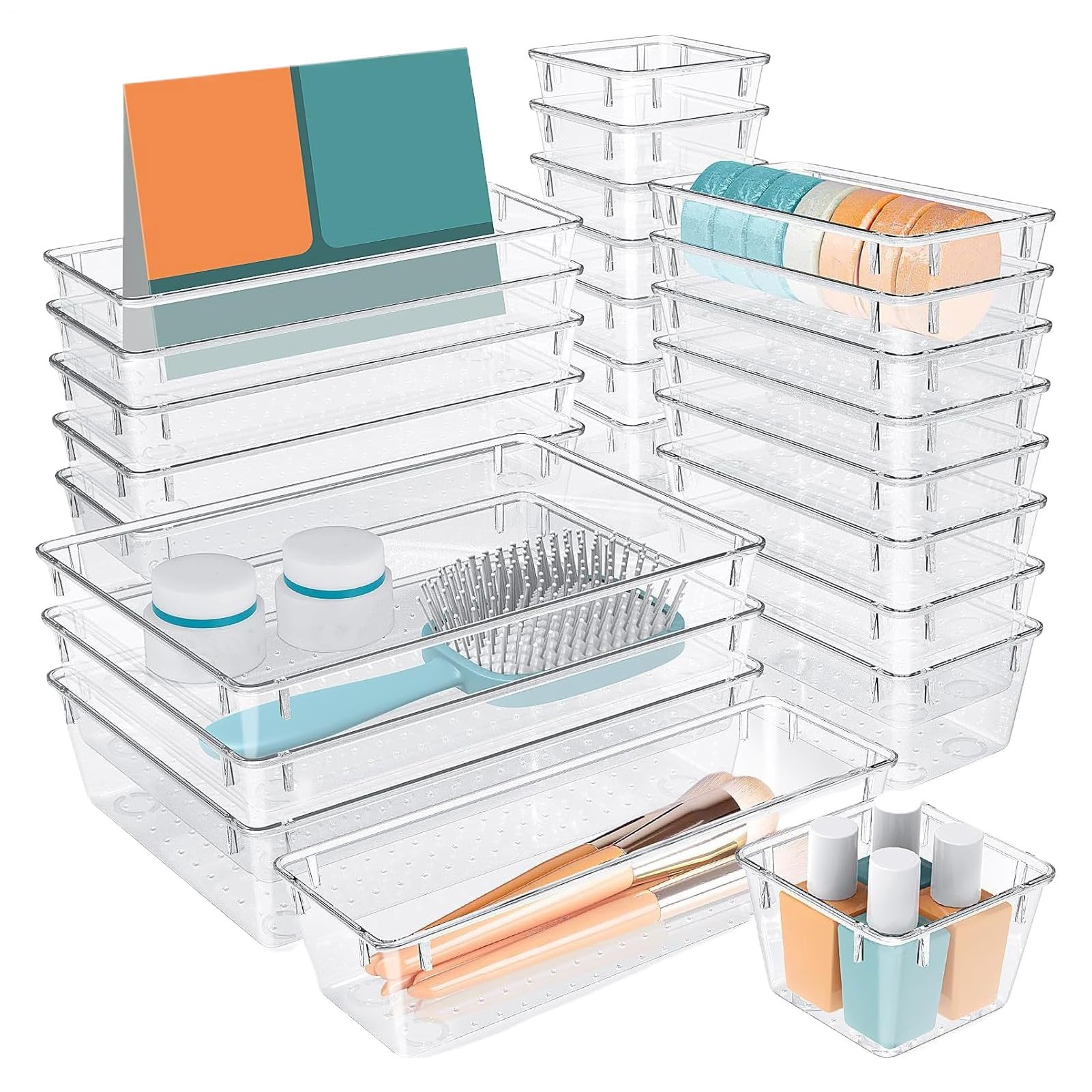 Organizzatori per Cassetti Set di Vassoi Organizzatori Trasparenti per | 25 Pezzi 4 Dimensioni Contenitori Di Stoccaggio Per Trucco Bagno Gioielli Organizzazione Dispensa