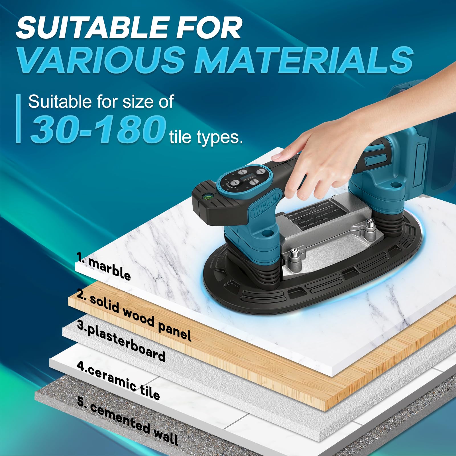 Roadtime Máquina Vibradora de Azulejos Compatible con Batería Makita de 18 V, 9 Velocidades Ajustables, Ventosa Ampliada y Absorción de 100 Kg para Colocar Azulejos de 0.3
