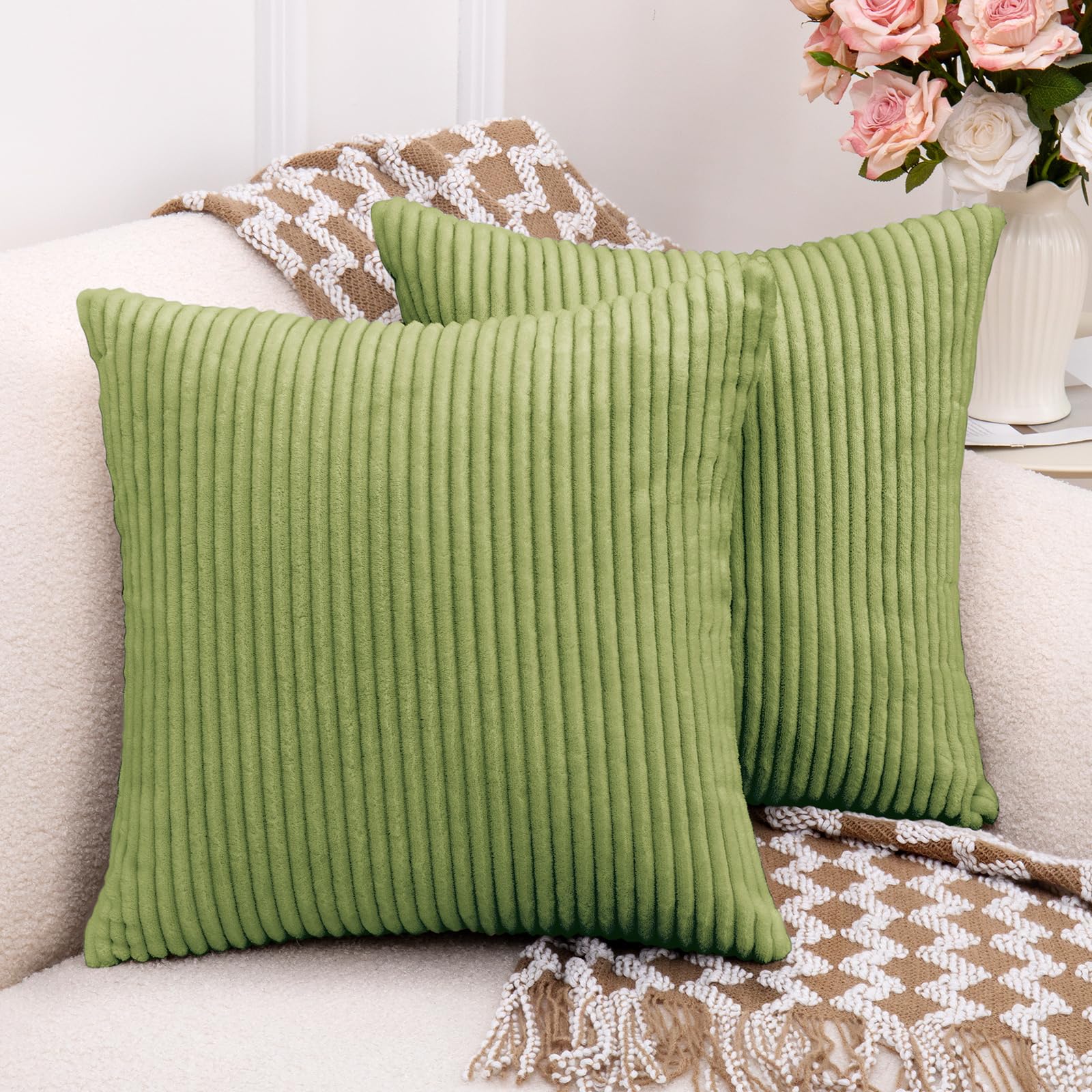 TaiBest Corduroy Throw Pillows Set of 2 with Inserts(Grass green, 45x45cm)