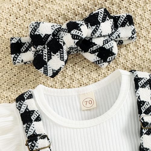 Miniatura 8 de KAGAYD Conjunto de ropa de otoño e invierno para bebé niña, mameluco acanalado de manga larga con estampado a cuadros, faldas con tirantes