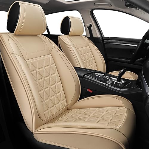 YUHCS Front Car Seat Covers - 2 PCs Faux Leather Non-Slip Vehicle Cushion Cover, Waterproof Car Seat Protectors Automotive Interior Accessories for Most SUV Cars Pickup Truck Beige
