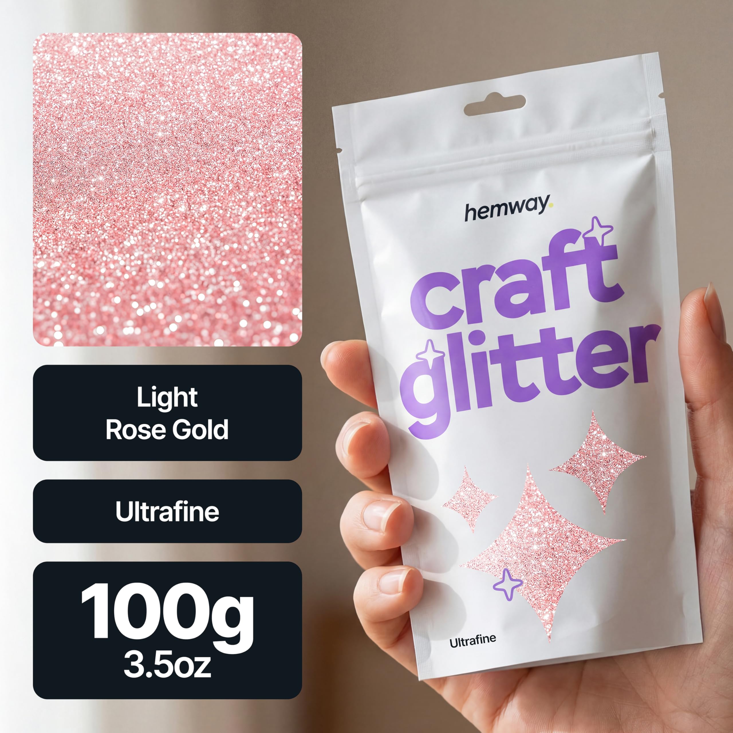 Hemway Craft Glitter Light Rose Gold 100g Ultrafine Glitter for Crafts, Resin, Cosmetic, Nail, Face, Body, Festival, Tumblers, Art, Candle, Crafting — view 2