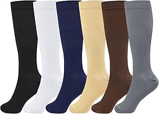 Bekecidi 12pcs Compression Socks for Women Men, Knee High Compression Stockings Flight Socks Non-Slip Breathable Running Socks for Support Sports Flying Maternity Pregnancy Nurses Travel, 6 Colors
