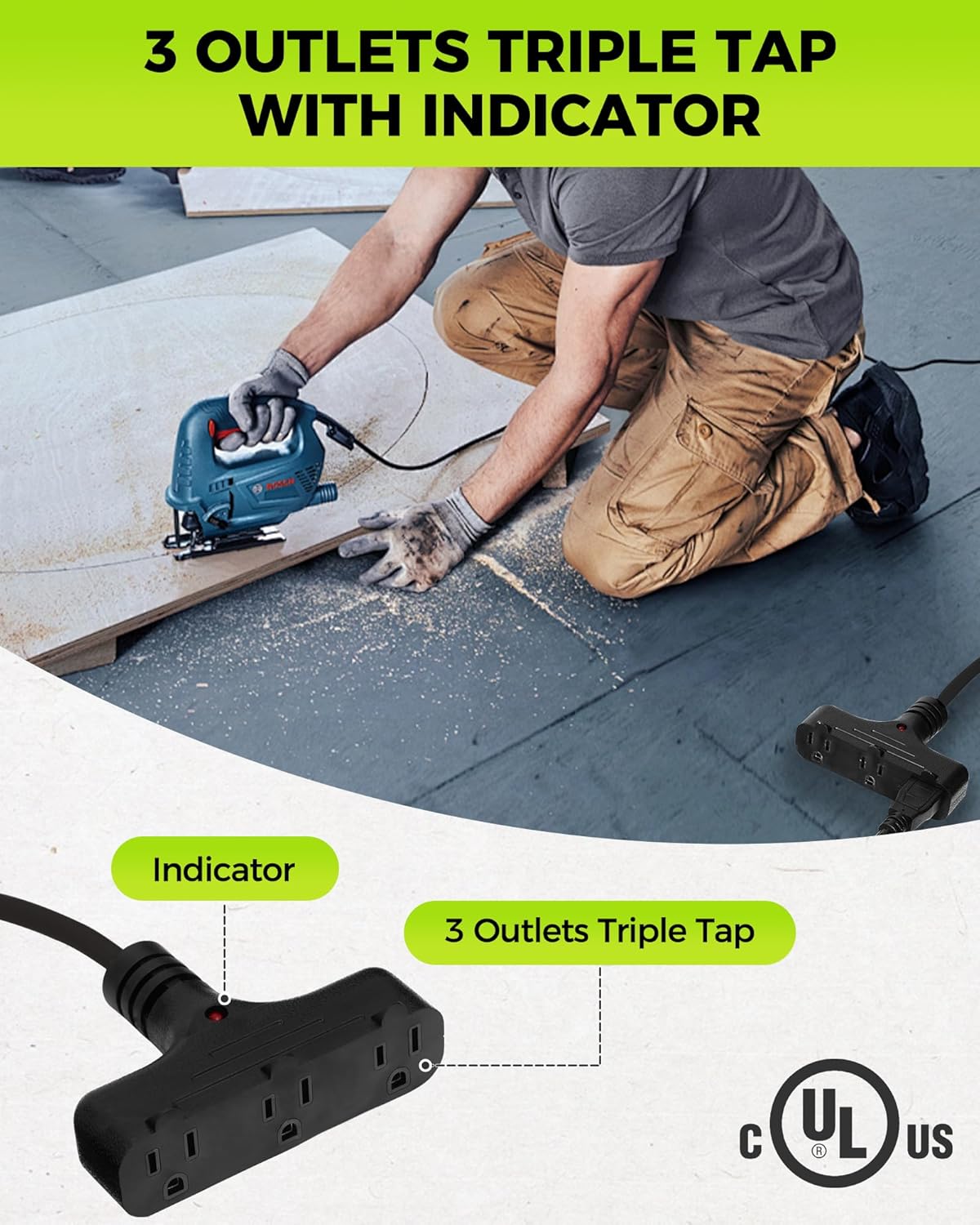 30 Ft Retractable Extension Cord Reel, 16/3 Gauge SJTW Power Cord with 3 Electrical Outlets Pigtail for Garage and Shop, 10 Amp Circuit Breaker, Metal Plate, UL Listed, Black H30CR06