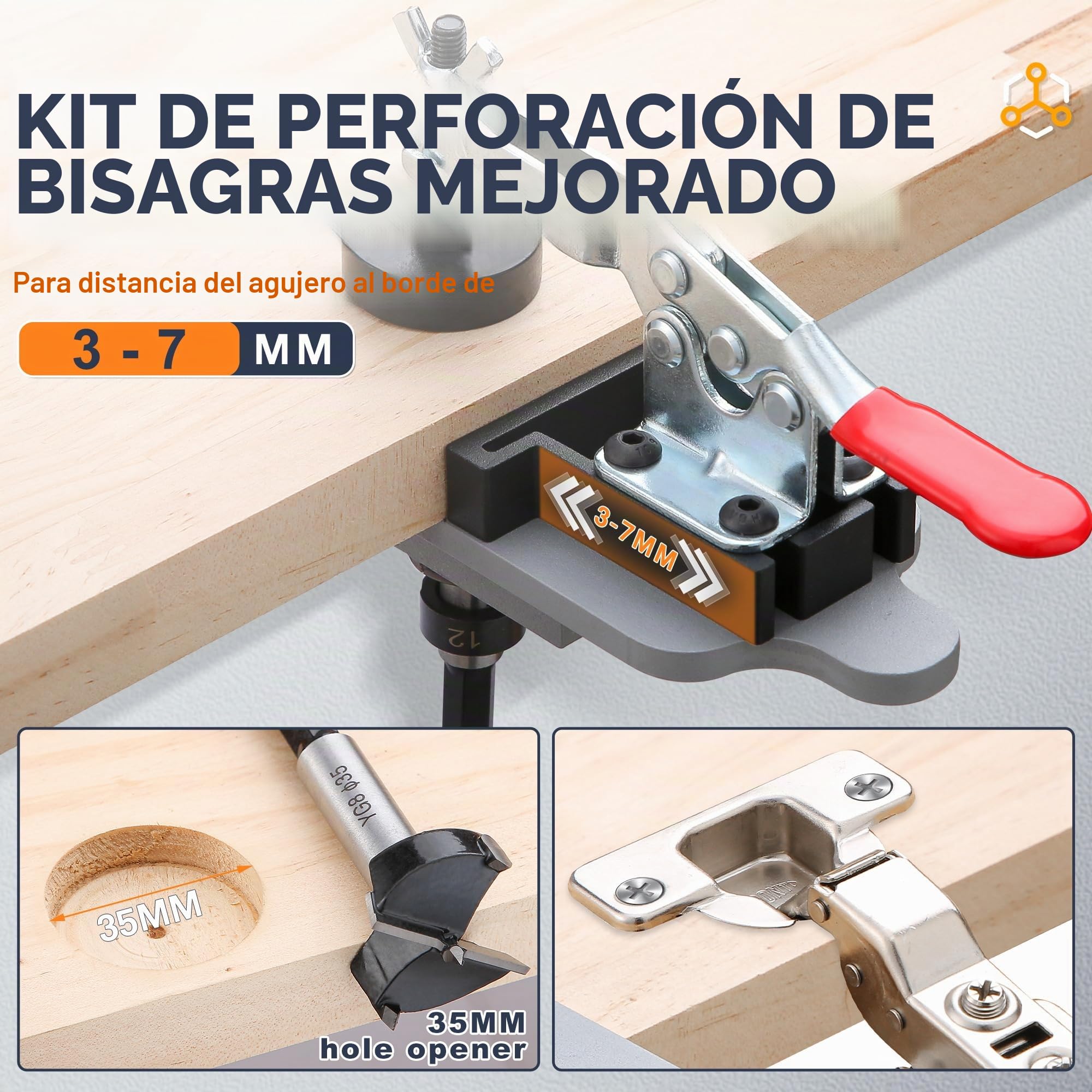 Plantilla de bisagra oculta de metal de 35 mm con abrazadera rápida, localizador de guía de agujeros de perforación de precisión, herramienta de carpintería duradera para instalación de bisagras de