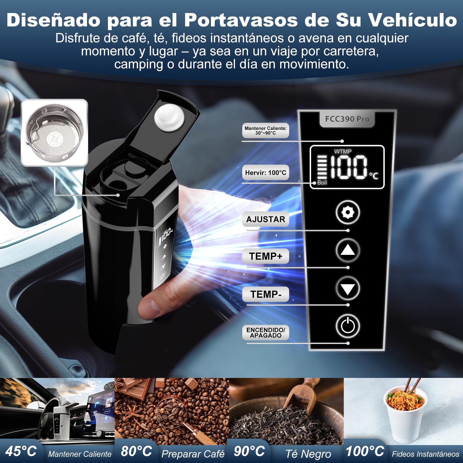 Hervidor Eléctrico Portátil 12V/24V 450ml Para Coche - Leche y Café Con Regulador de Temperatura y Apagado Automático - Acero Inoxidable