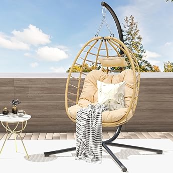 DWVO Doule Egg Hanging Swing Chair with Stand Egg Chair Wicker Indoor Outdoor Hammock Egg Chair with Cushions 500lbs for Patio, Bedroom, Garden and Balcony, Blue