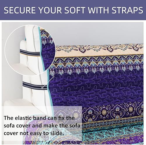 Miniatura 5 de Yiran Funda de sofá bohemia azul y morado con partículas antideslizantes, funda de sofá de microfibra suave para niños, perros y mascotas, 2 plazas