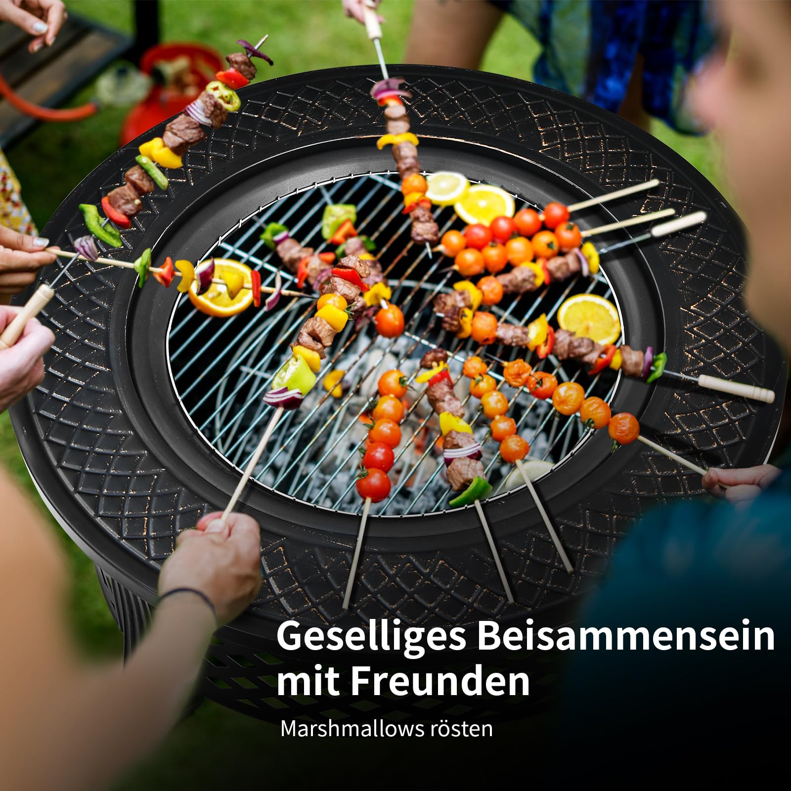 COSTWAY Feuerschale, Feuerstelle mit Grillrost, φ 81cm Feuerkorb mit Funkenschutz, Feuerschale für den Garten, inkl. Schürhaken, für für BBQ, Picknicks & Lagerfeuer