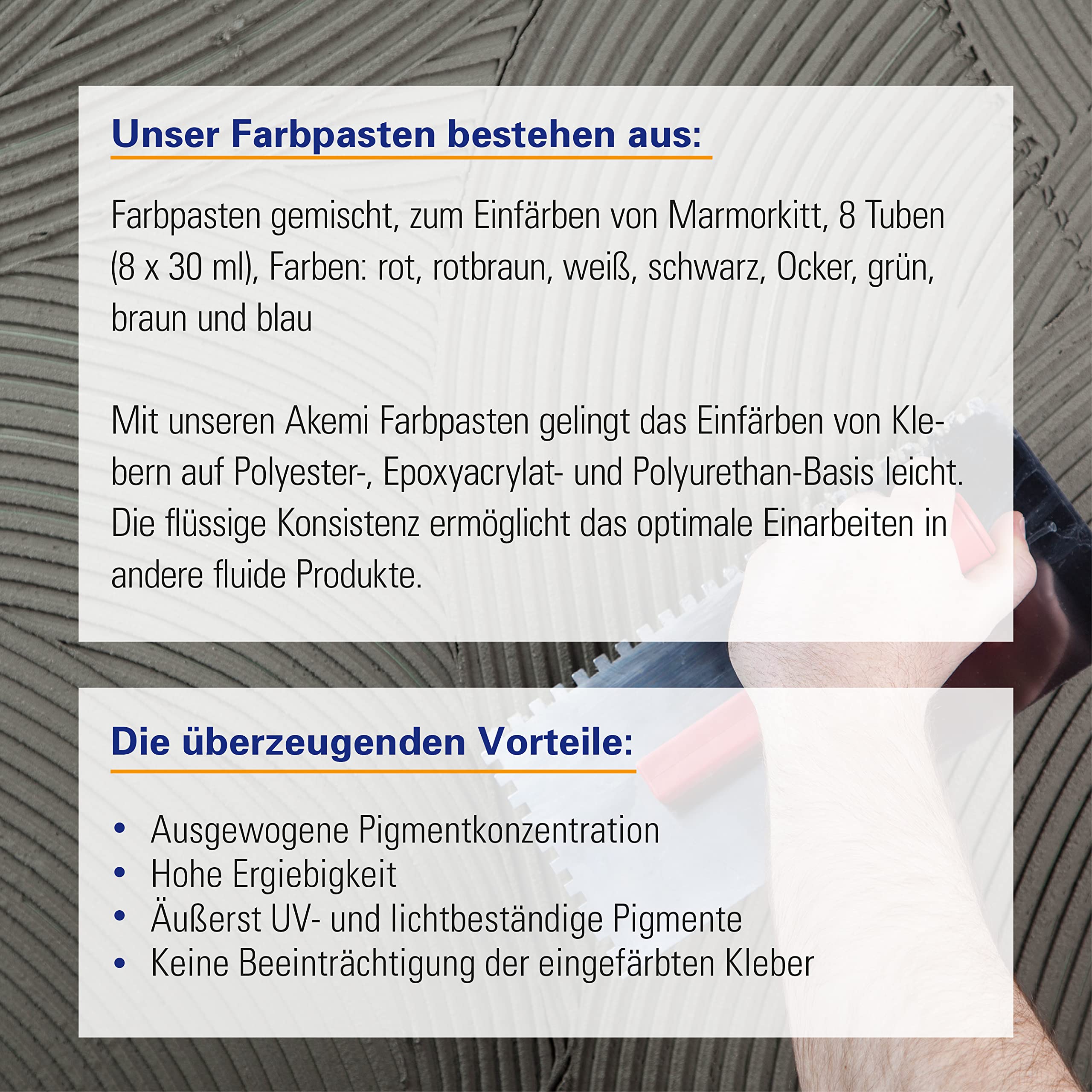 Farbpasten-Set 8 x 30 ml UV-beständig Flüssigkonzentrat für Epoxidharz, Polyester- & PU-Kleber, Marmorkitt